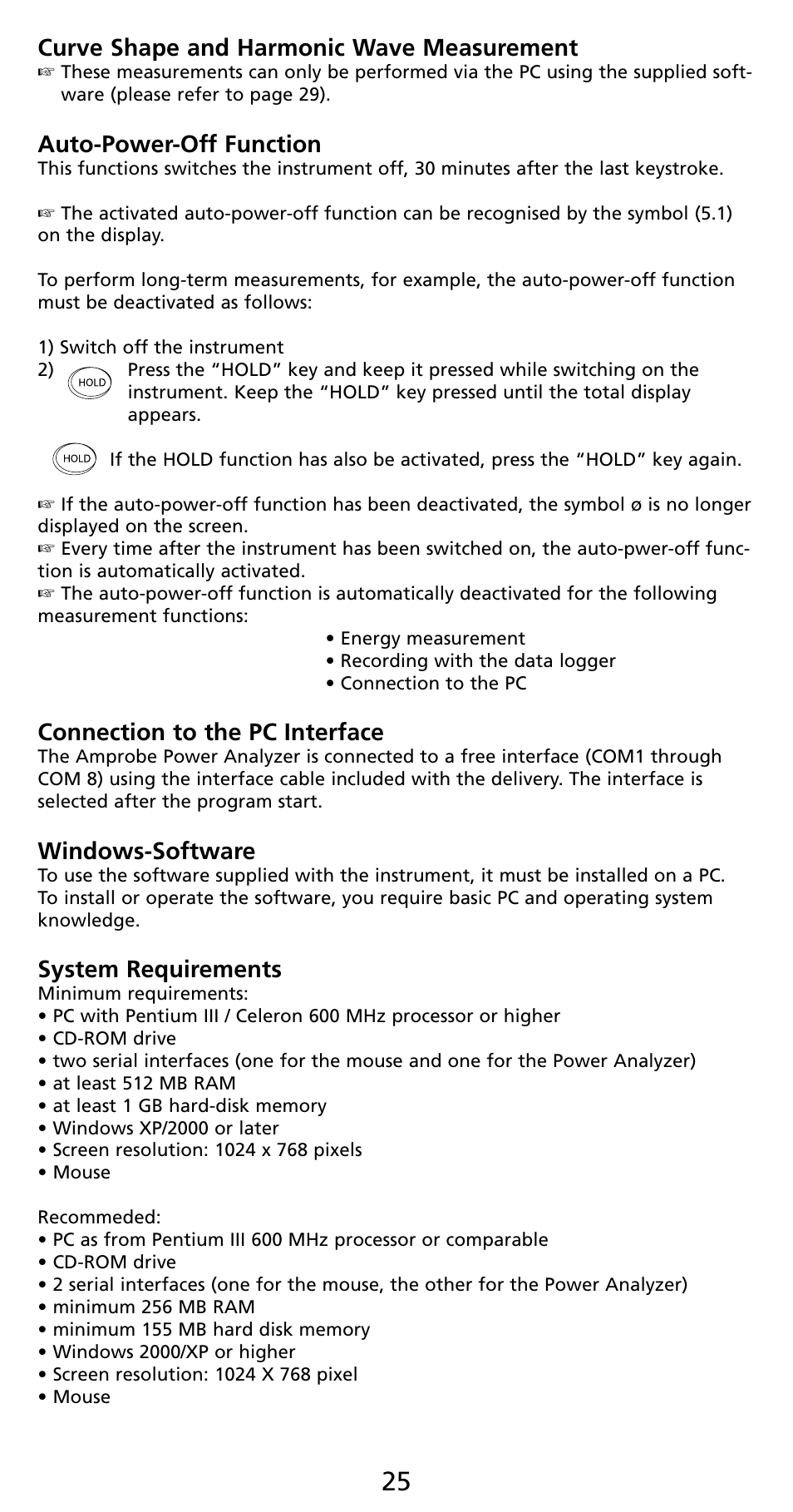 Curve shape and harmonic wave measurement, Auto-power-off function, Connection to the pc interface | Windows-software, System requirements | Amprobe PQ55A Power-Analyzer User Manual | Page 25 / 43