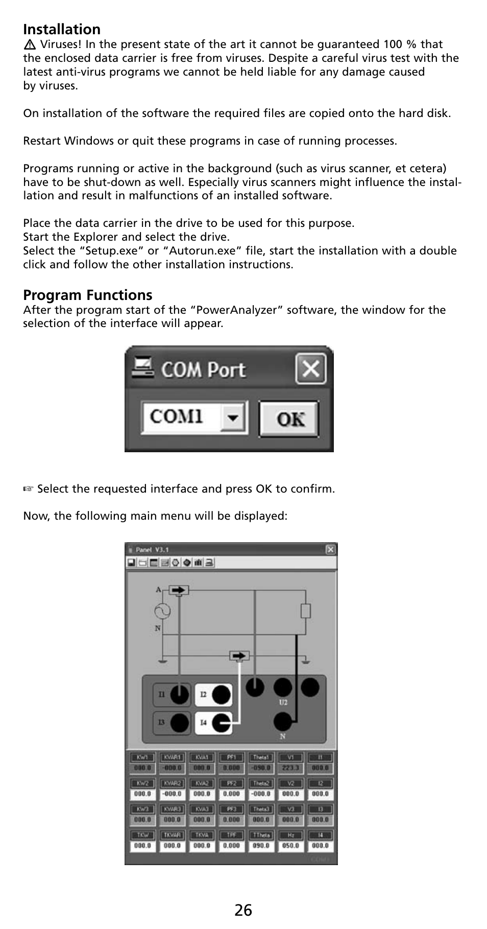 Installation, Program functions | Amprobe PQ55A Power-Analyzer User Manual | Page 26 / 43