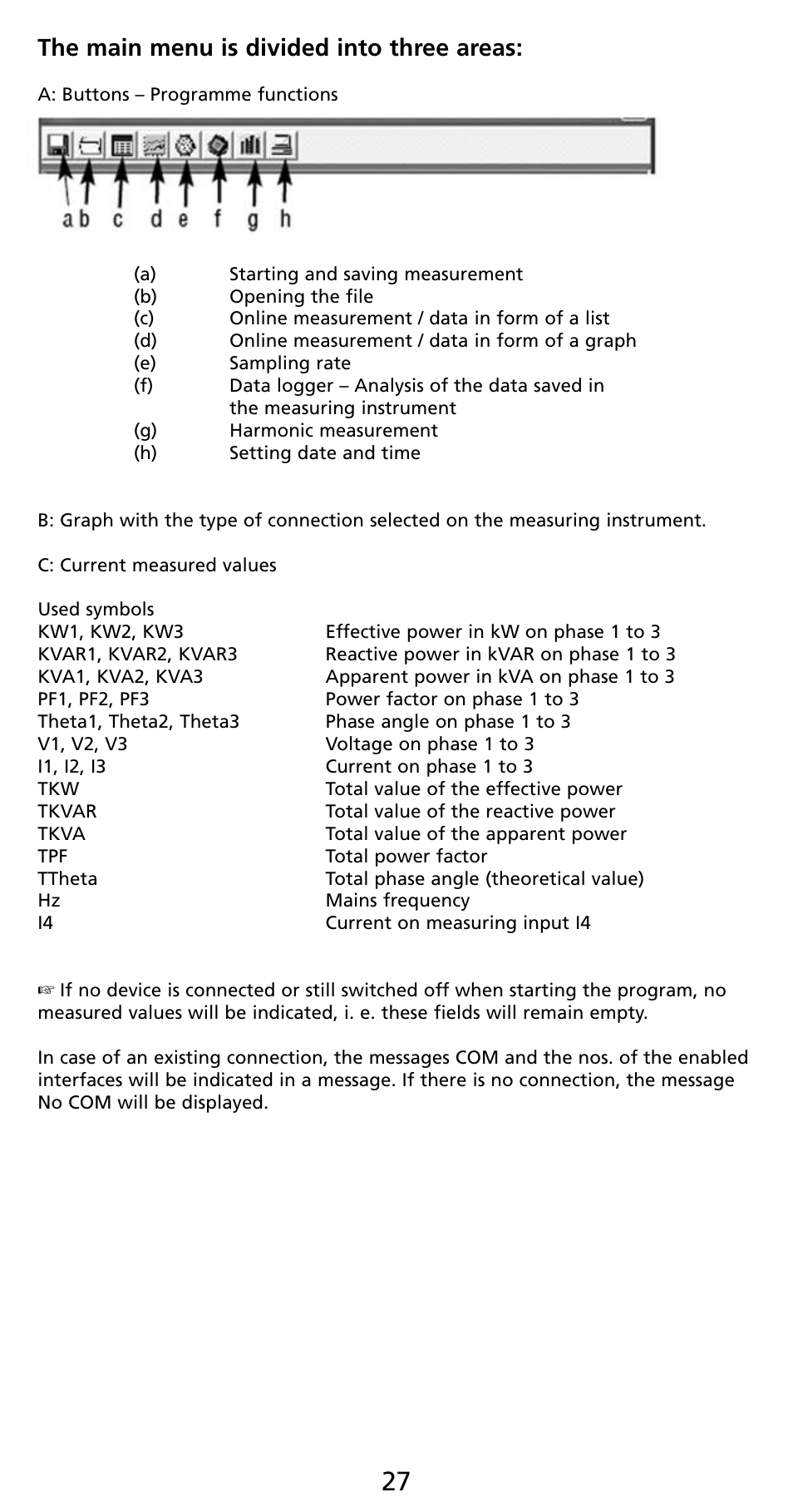 The main menu is divided into three areas | Amprobe PQ55A Power-Analyzer User Manual | Page 27 / 43