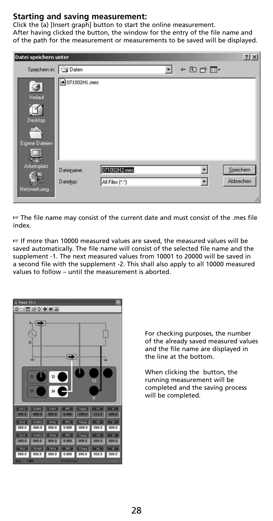 Starting and saving measurement | Amprobe PQ55A Power-Analyzer User Manual | Page 28 / 43