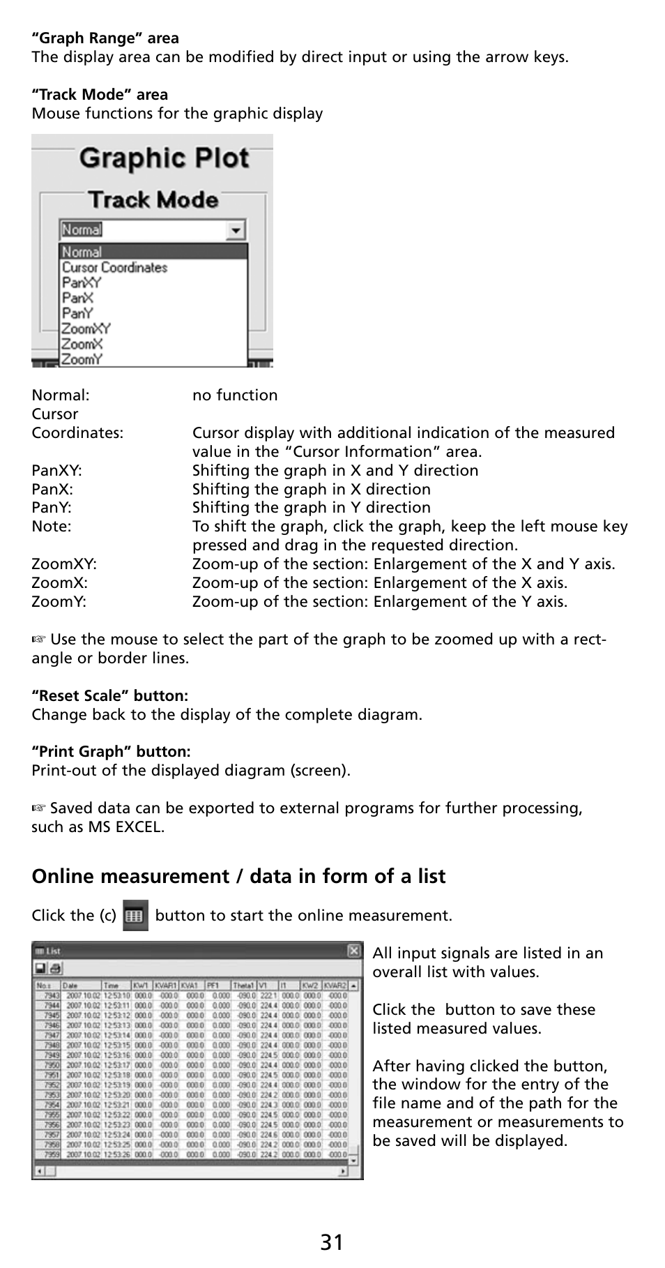 Online measurement / data in form of a list | Amprobe PQ55A Power-Analyzer User Manual | Page 31 / 43