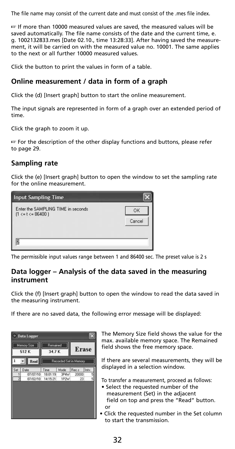 Online measurement / data in form of a graph, Sampling rate | Amprobe PQ55A Power-Analyzer User Manual | Page 32 / 43