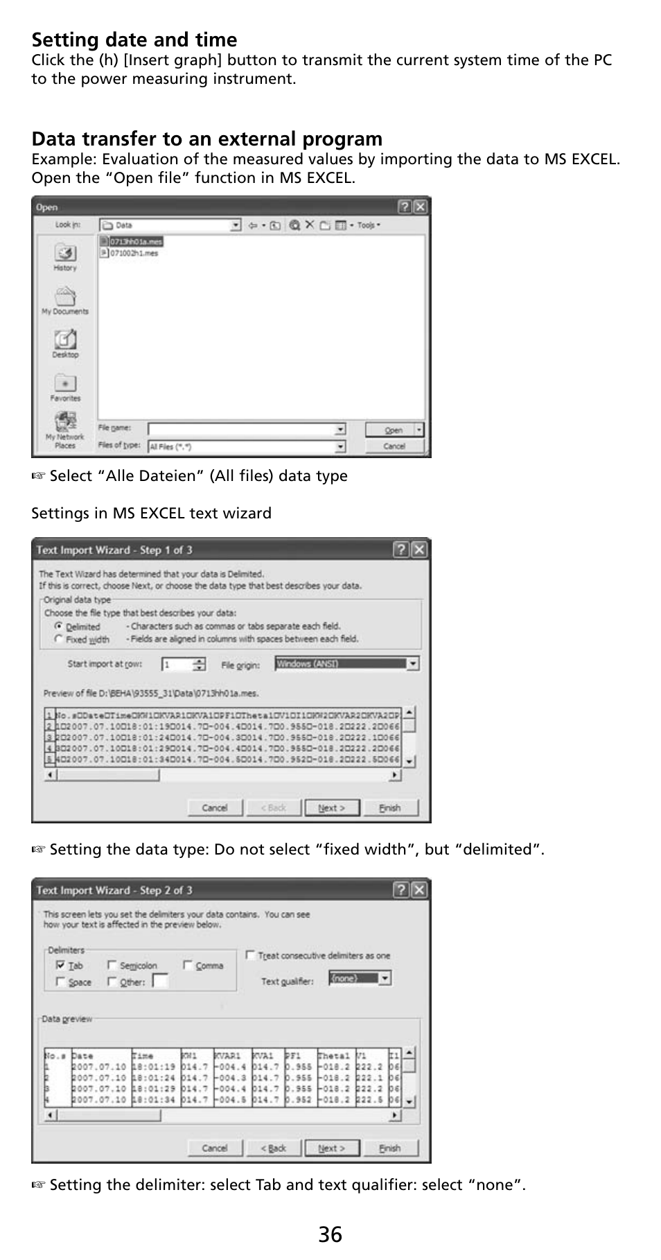 Setting date and time, Data transfer to an external program | Amprobe PQ55A Power-Analyzer User Manual | Page 36 / 43