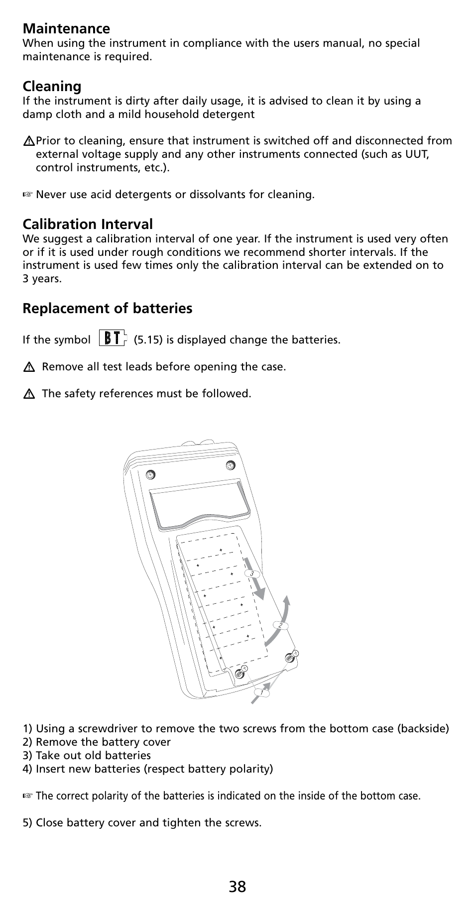 Maintenance, Cleaning, Calibration interval | Replacement of batteries | Amprobe PQ55A Power-Analyzer User Manual | Page 38 / 43