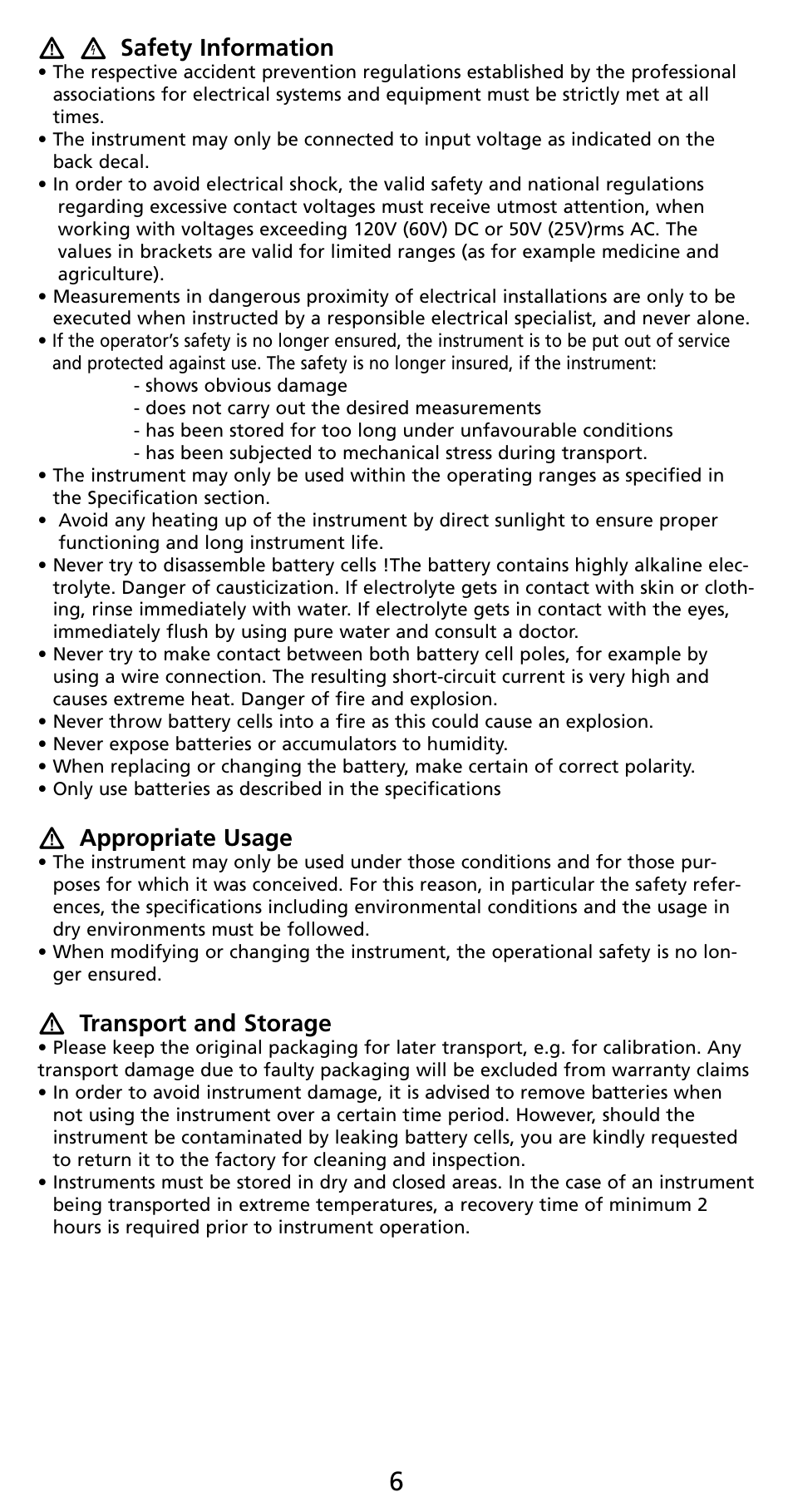 Safety information, Appropriate usage, Transport and storage | Amprobe PQ55A Power-Analyzer User Manual | Page 6 / 43