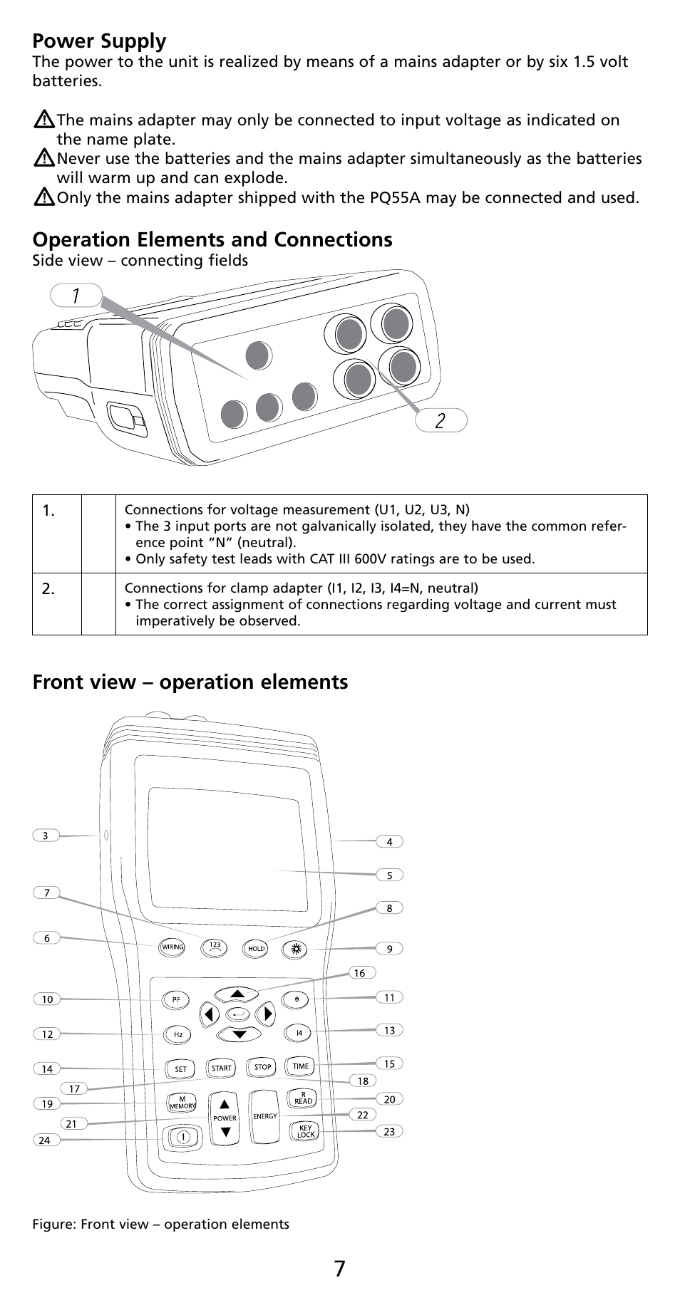 Power supply, Operation elements and connections, Front view – operation elements | Amprobe PQ55A Power-Analyzer User Manual | Page 7 / 43