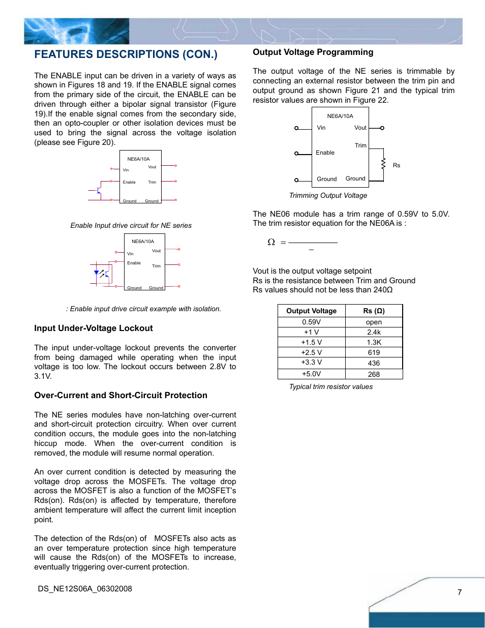 Features descriptions (con.), Input under-voltage lockout, Over-current and short-circuit protection | Output voltage programming | Delta Electronics Delphi 6A Series User Manual | Page 7 / 14