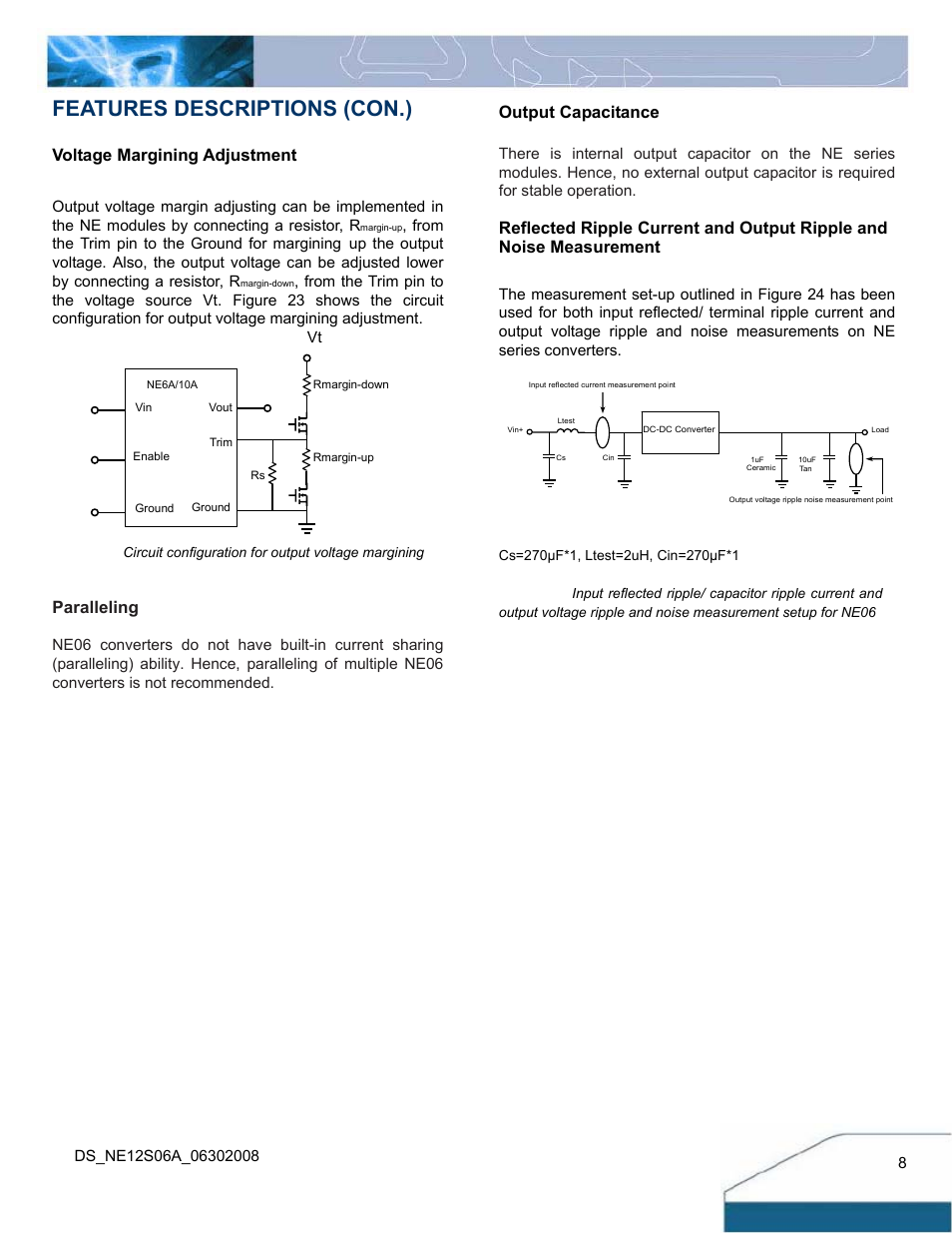 Features descriptions (con.), Output capacitance, Voltage margining adjustment | Paralleling | Delta Electronics Delphi 6A Series User Manual | Page 8 / 14