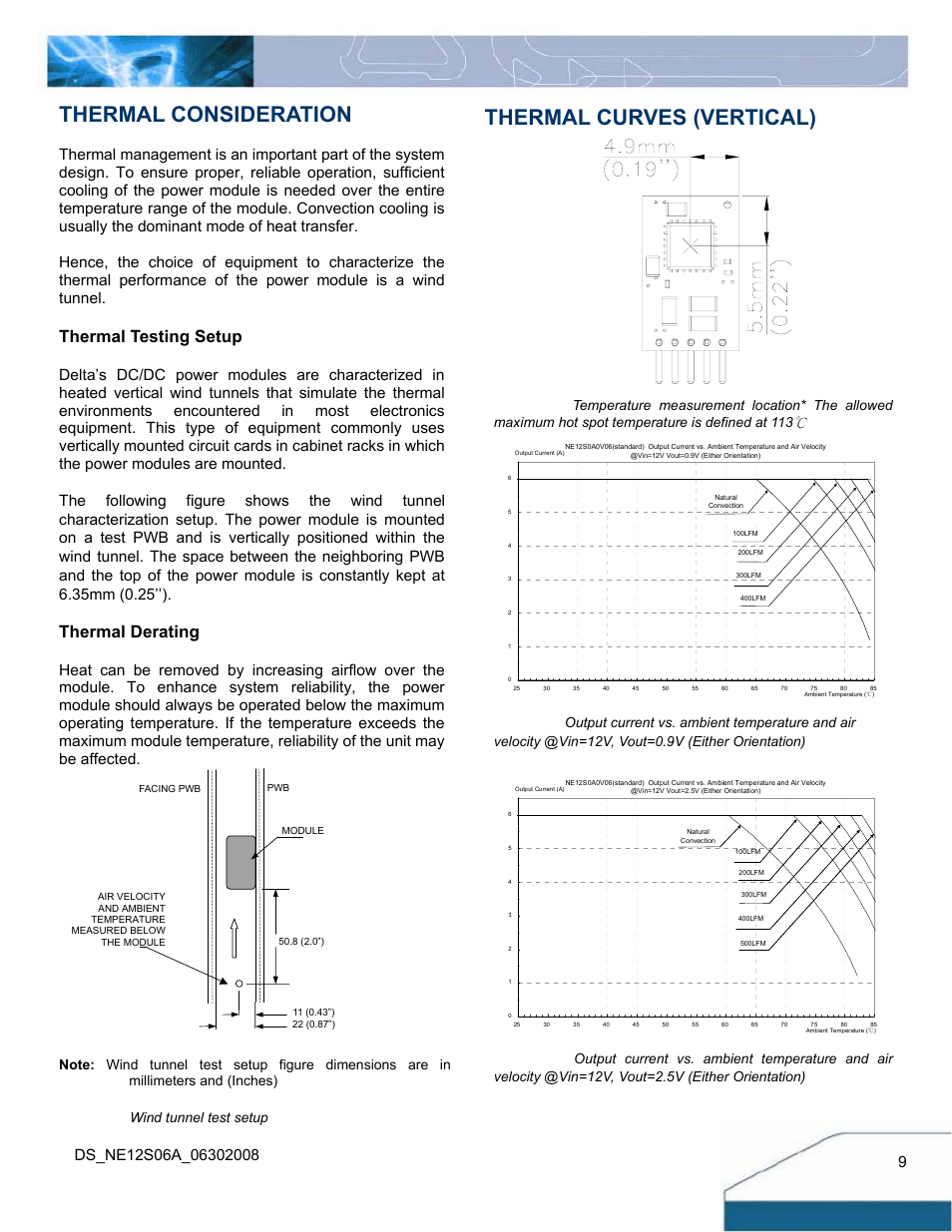 Thermal curves (vertical), Thermal consideration, Thermal testing setup | Thermal derating, Figure 25: wind tunnel test setup | Delta Electronics Delphi 6A Series User Manual | Page 9 / 14