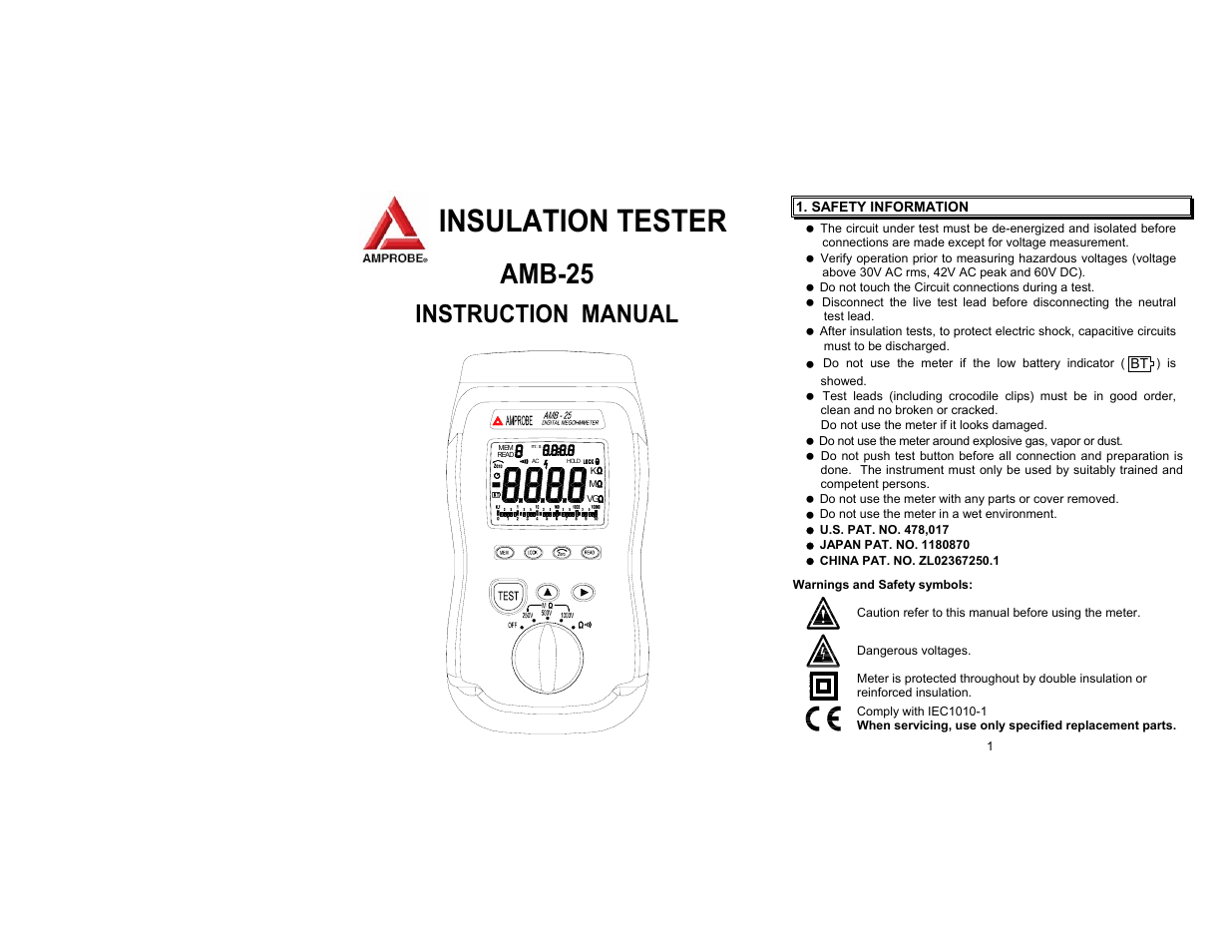 Amprobe AMB-25 Insulation-Tester User Manual | 9 pages