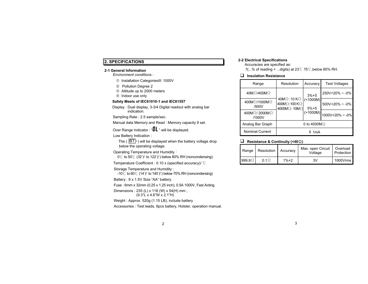 Specifications, 1 general information, 2 electrical specifications | Amprobe AMB-25 Insulation-Tester User Manual | Page 2 / 9
