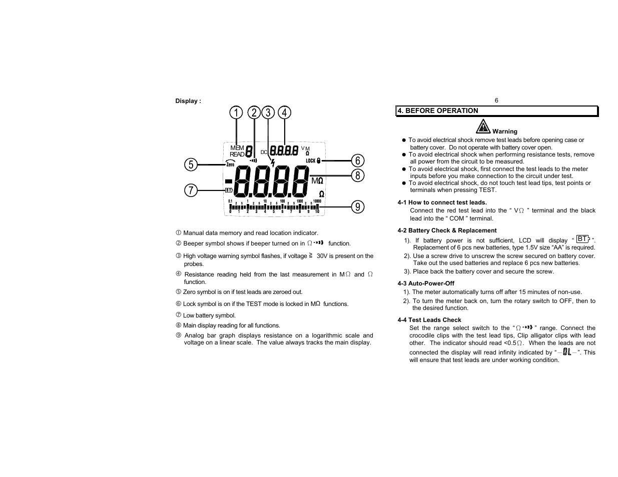 Before operation, Warning, 1 how to connect test leads | 2 battery check & replacement, 3 auto-power-off, 4 test leads check | Amprobe AMB-25 Insulation-Tester User Manual | Page 4 / 9