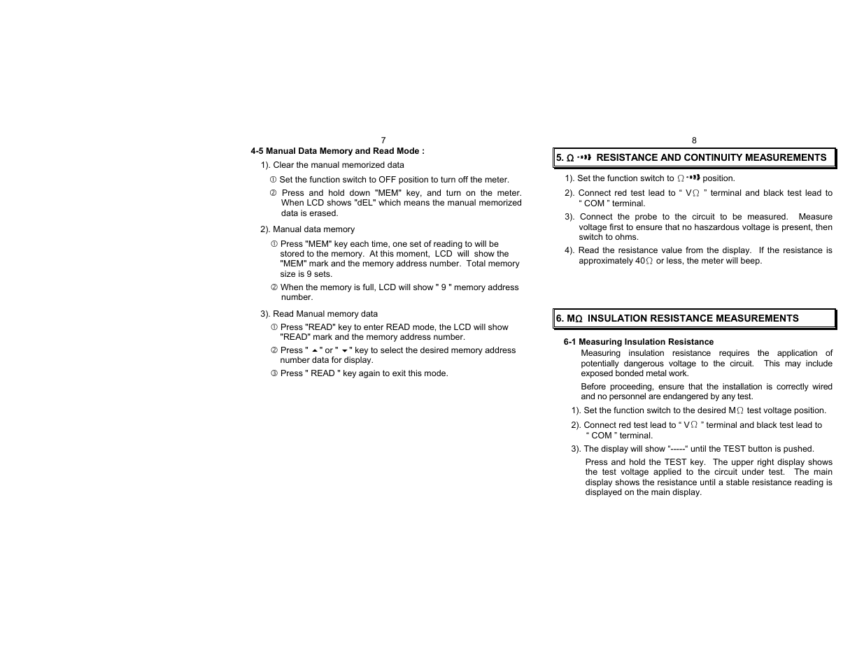 O resistance and continuity measurements, Mo insulation resistance measurements | Amprobe AMB-25 Insulation-Tester User Manual | Page 5 / 9