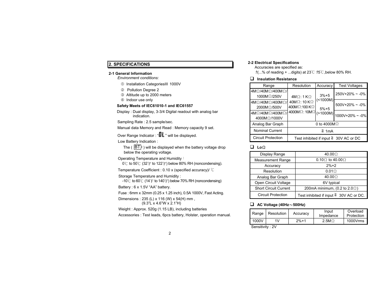 Specifications, 1 general information, 2 electrical specifications | Amprobe AMB-35 Insulation-Tester User Manual | Page 2 / 9