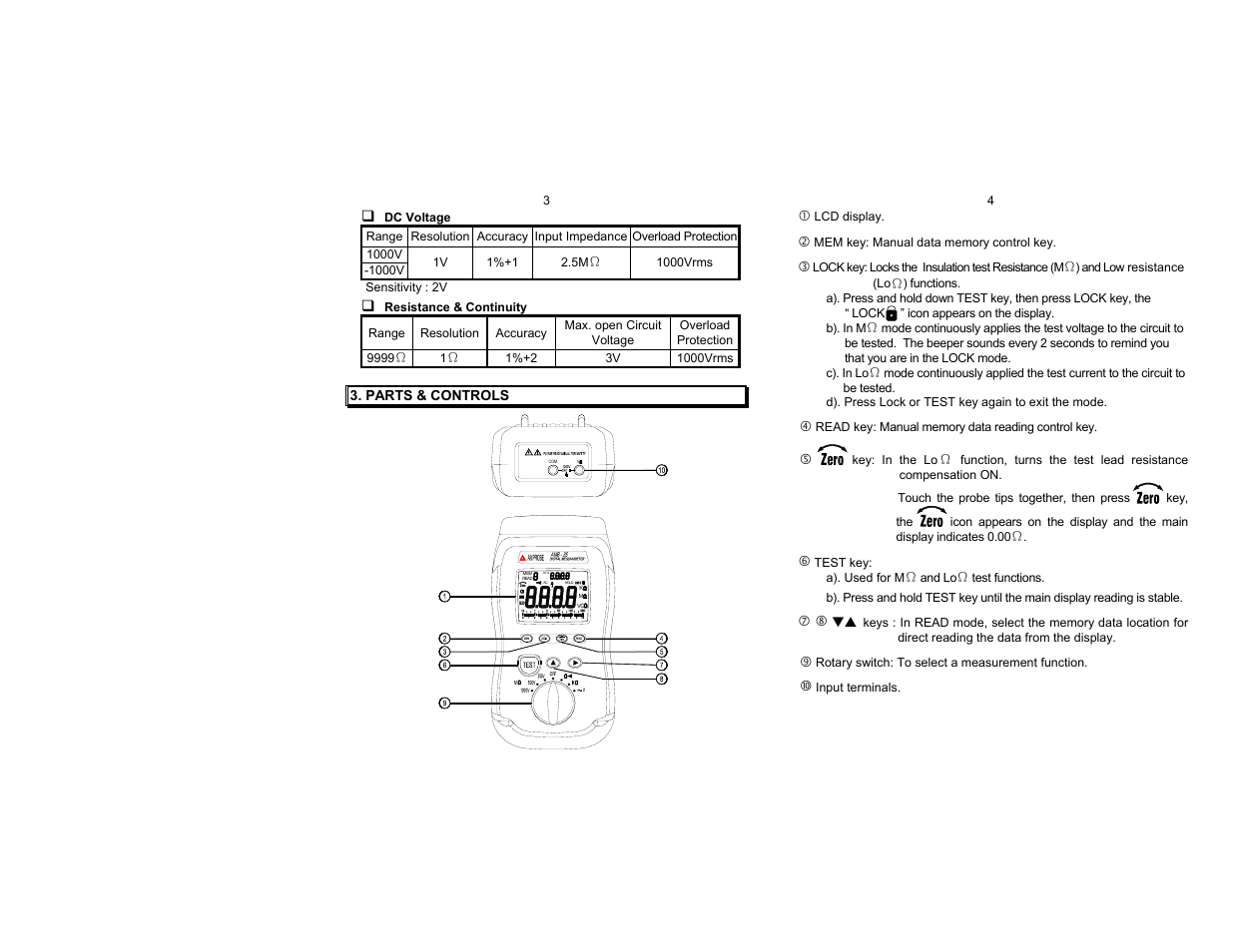 Parts & controls | Amprobe AMB-35 Insulation-Tester User Manual | Page 3 / 9