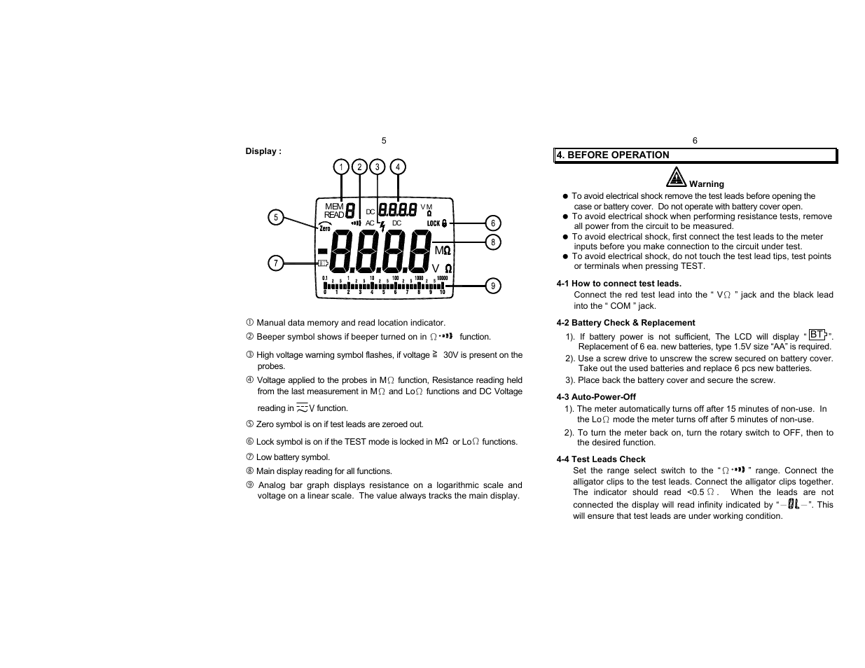 Before operation, Warning, 1 how to connect test leads | 2 battery check & replacement, 3 auto-power-off, 4 test leads check | Amprobe AMB-35 Insulation-Tester User Manual | Page 4 / 9