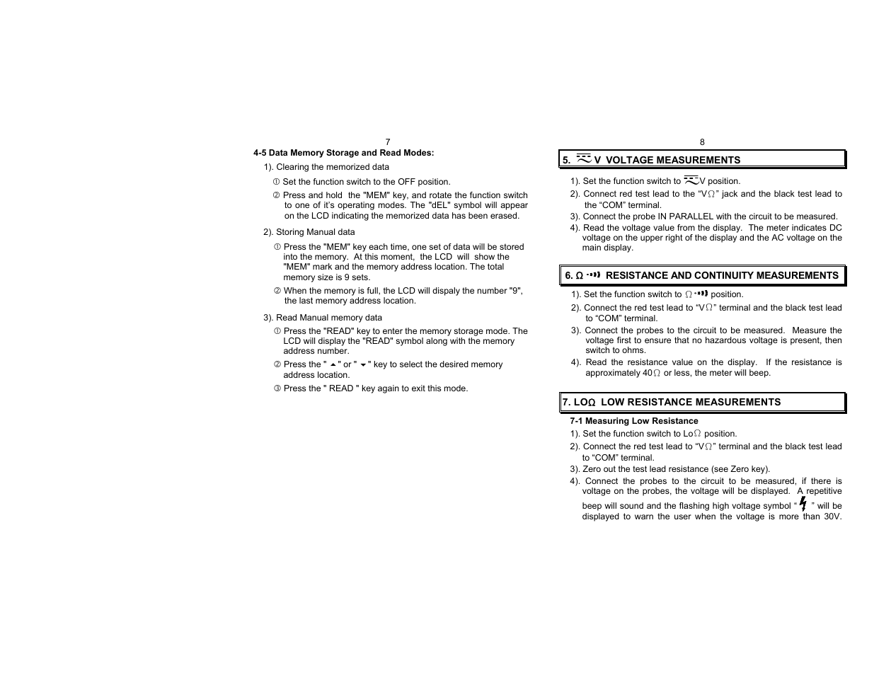  v voltage measurements, O resistance and continuity measurements, Loo low resistance measurements | Amprobe AMB-35 Insulation-Tester User Manual | Page 5 / 9
