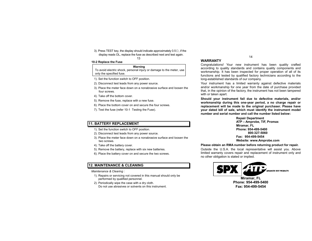 Battery replacement, Maintenance & cleaning, Warranty | Phone: 954-499-5400 | Amprobe AMB-35 Insulation-Tester User Manual | Page 8 / 9