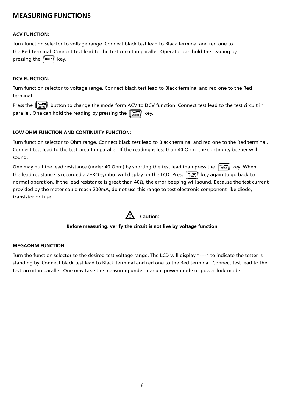 Measuring functions | Amprobe AMB-45 Digital-Megohmmeter User Manual | Page 10 / 62