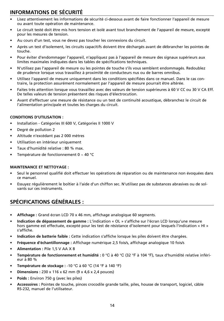 Informations de sécurité, Spécifications générales | Amprobe AMB-45 Digital-Megohmmeter User Manual | Page 18 / 62