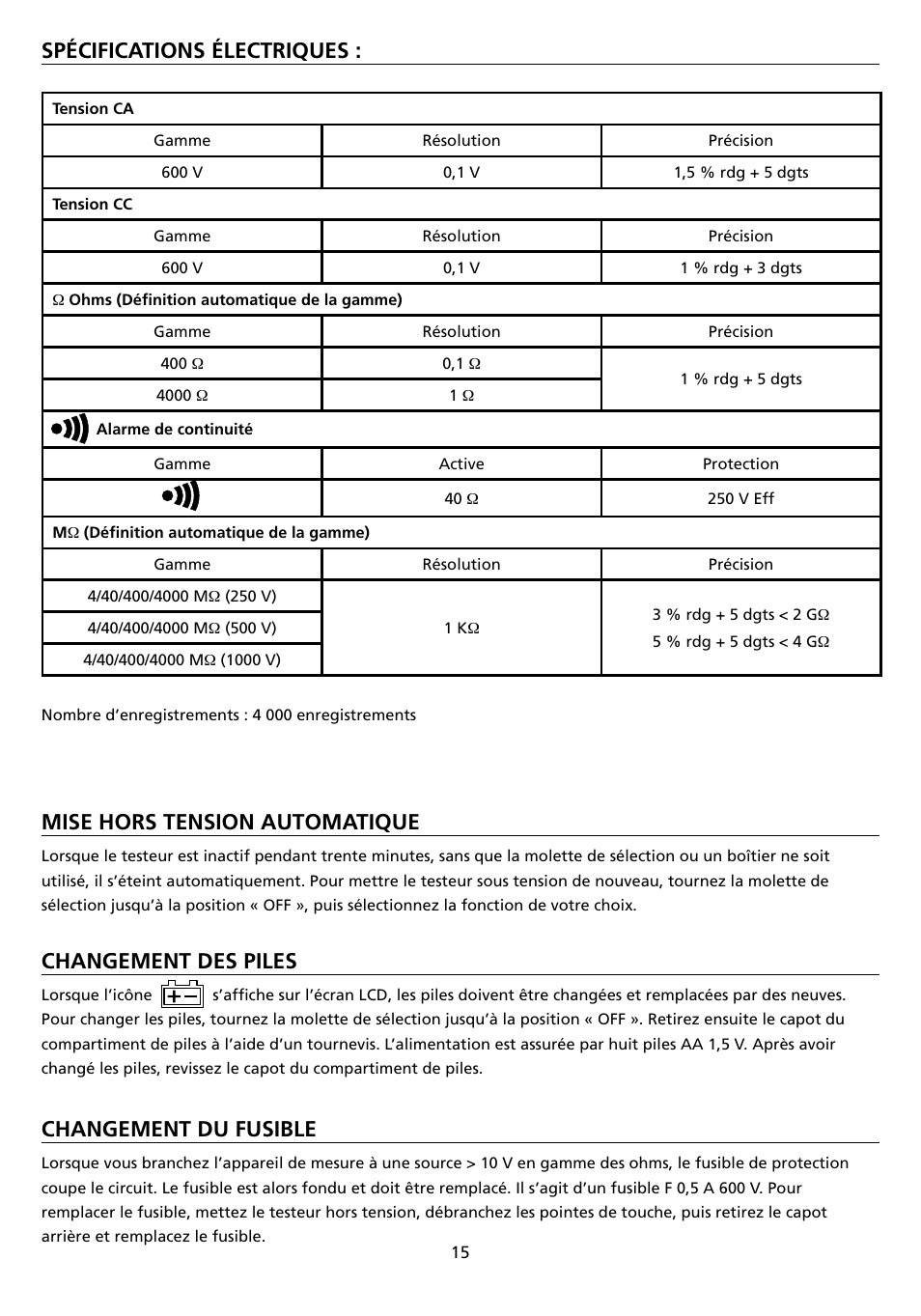 Spécifications électriques, Mise hors tension automatique, Changement des piles | Changement du fusible | Amprobe AMB-45 Digital-Megohmmeter User Manual | Page 19 / 62