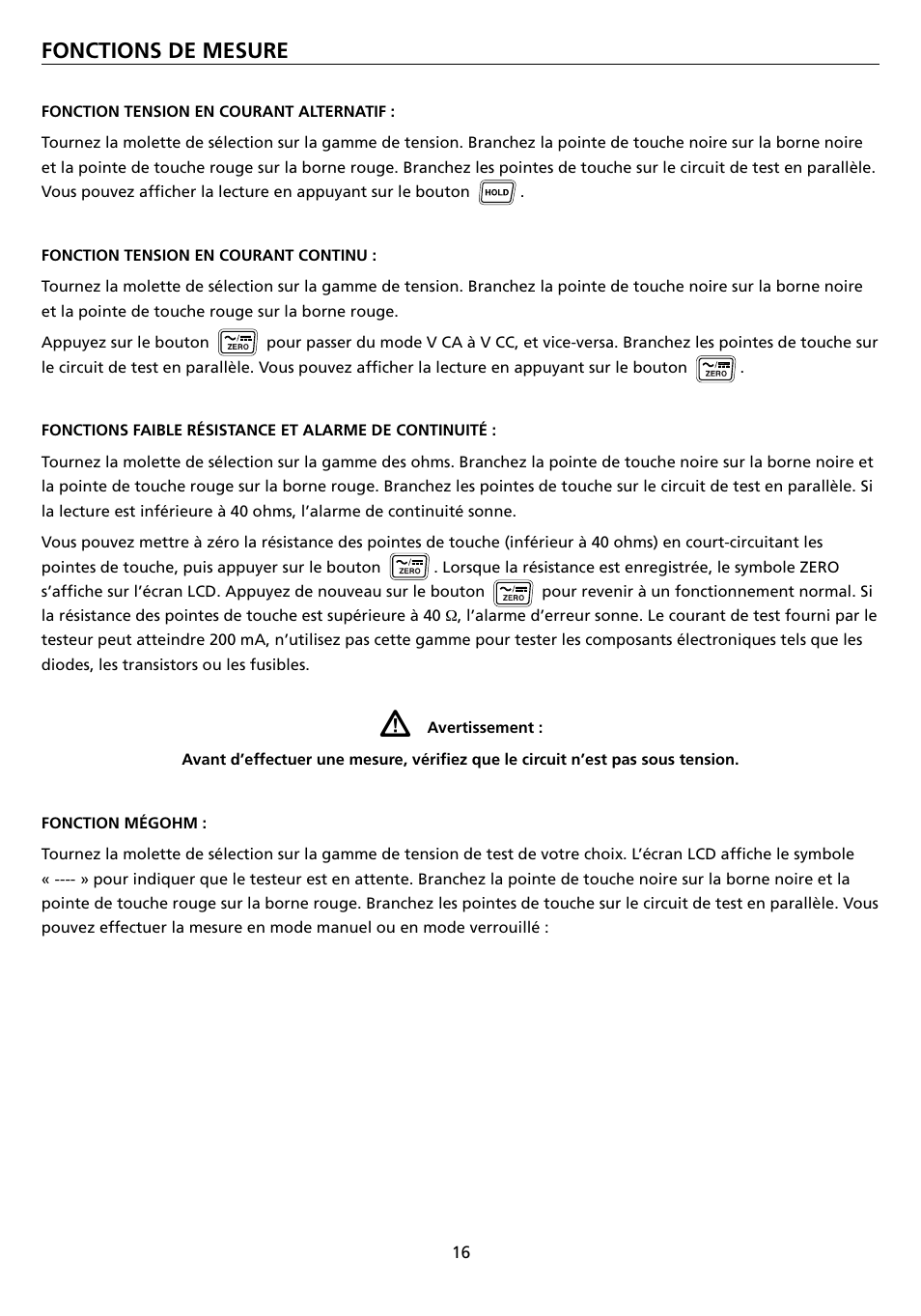 Fonctions de mesure | Amprobe AMB-45 Digital-Megohmmeter User Manual | Page 20 / 62