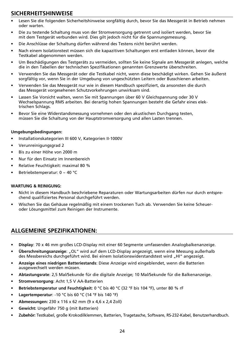 Sicherheitshinweise, Allgemeine spezifikationen | Amprobe AMB-45 Digital-Megohmmeter User Manual | Page 28 / 62