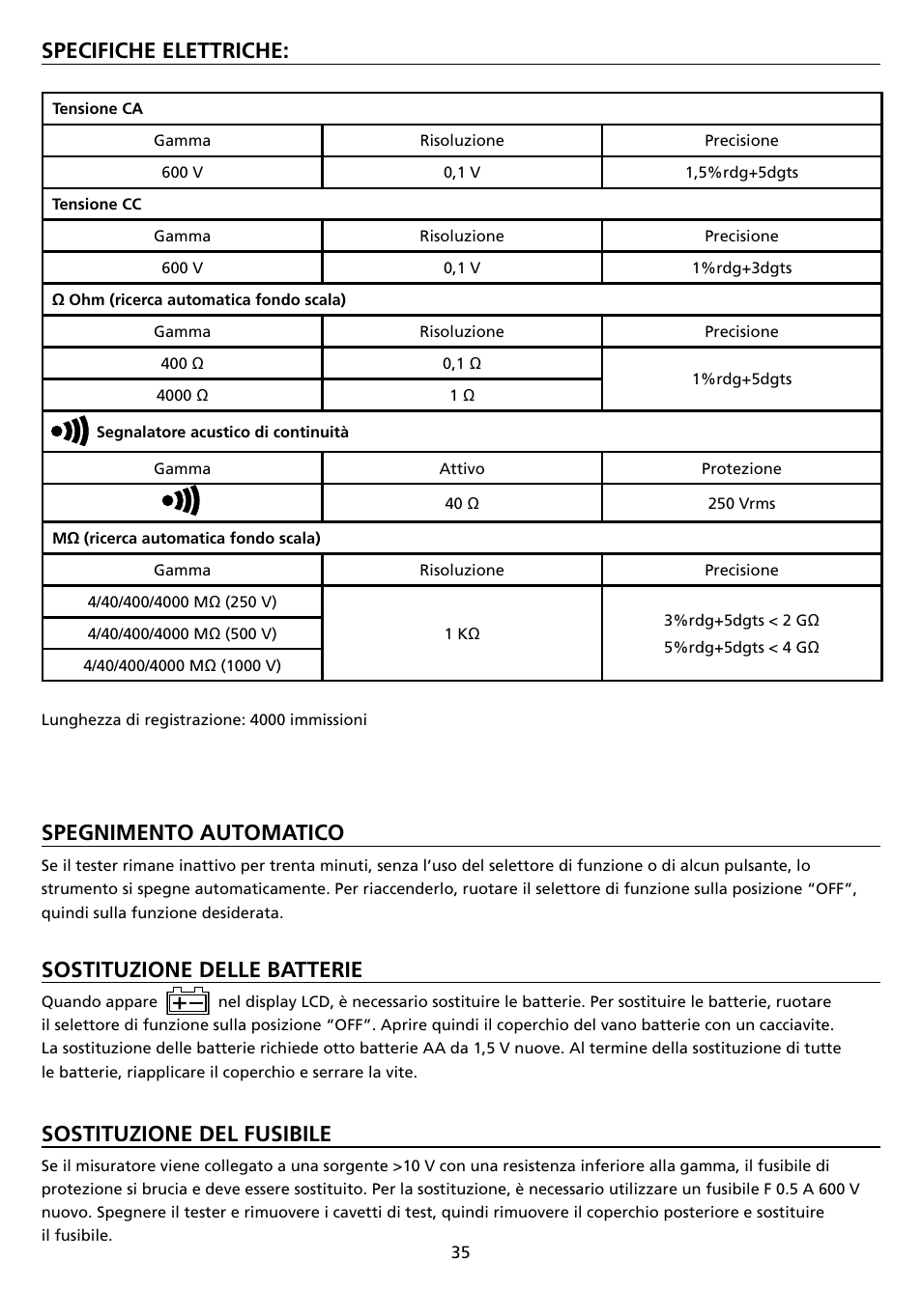 Specifiche elettriche, Spegnimento automatico, Sostituzione delle batterie | Sostituzione del fusibile | Amprobe AMB-45 Digital-Megohmmeter User Manual | Page 39 / 62