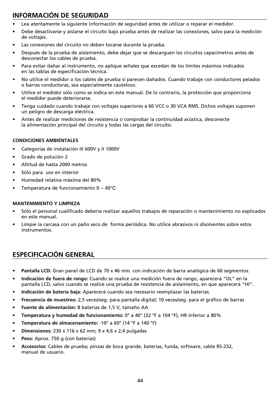 Información de seguridad, Especificación general | Amprobe AMB-45 Digital-Megohmmeter User Manual | Page 48 / 62