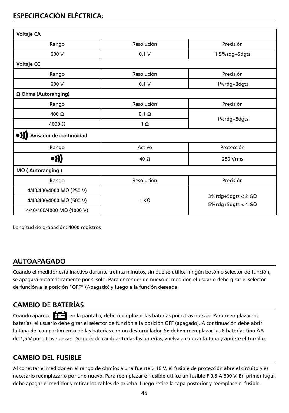 Especificación el é ctrica, Autoapagado, Cambio de baterías | Cambio del fusible | Amprobe AMB-45 Digital-Megohmmeter User Manual | Page 49 / 62