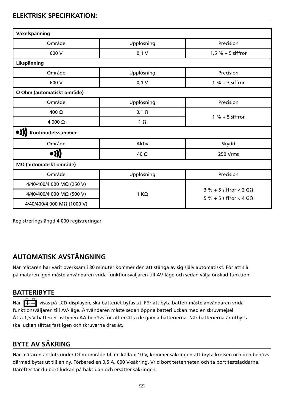 Elektrisk specifikation, Automatisk avstängning, Batteribyte | Byte av säkring | Amprobe AMB-45 Digital-Megohmmeter User Manual | Page 59 / 62