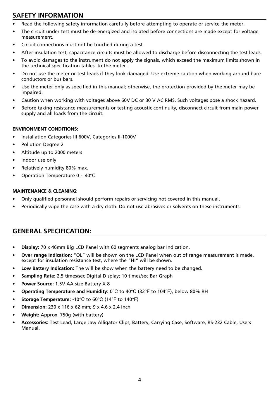 Safety information, General specification | Amprobe AMB-45 Digital-Megohmmeter User Manual | Page 8 / 62