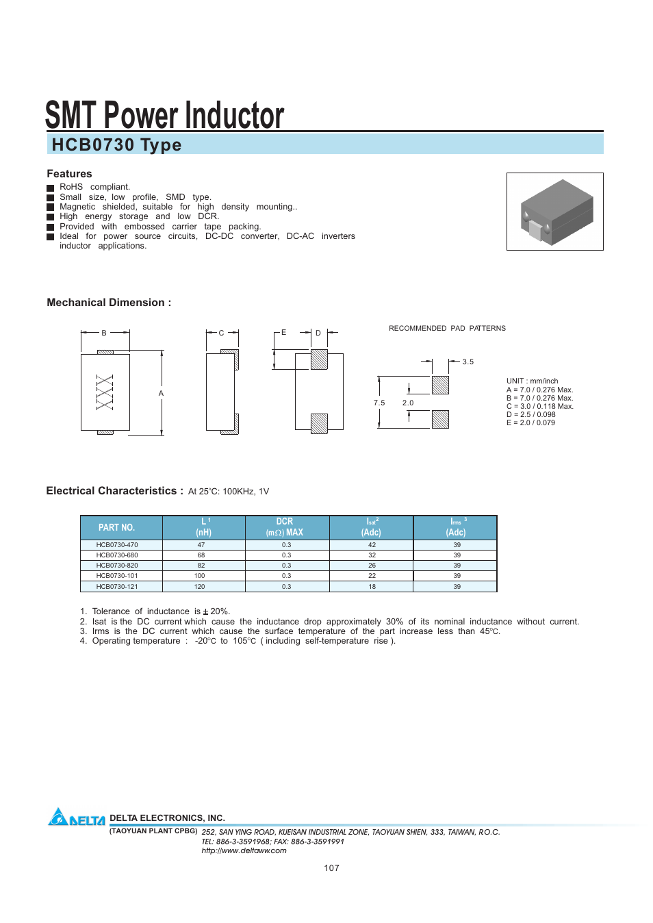 Delta Electronics SMT Power Inductor HCB0730 User Manual | 1 page