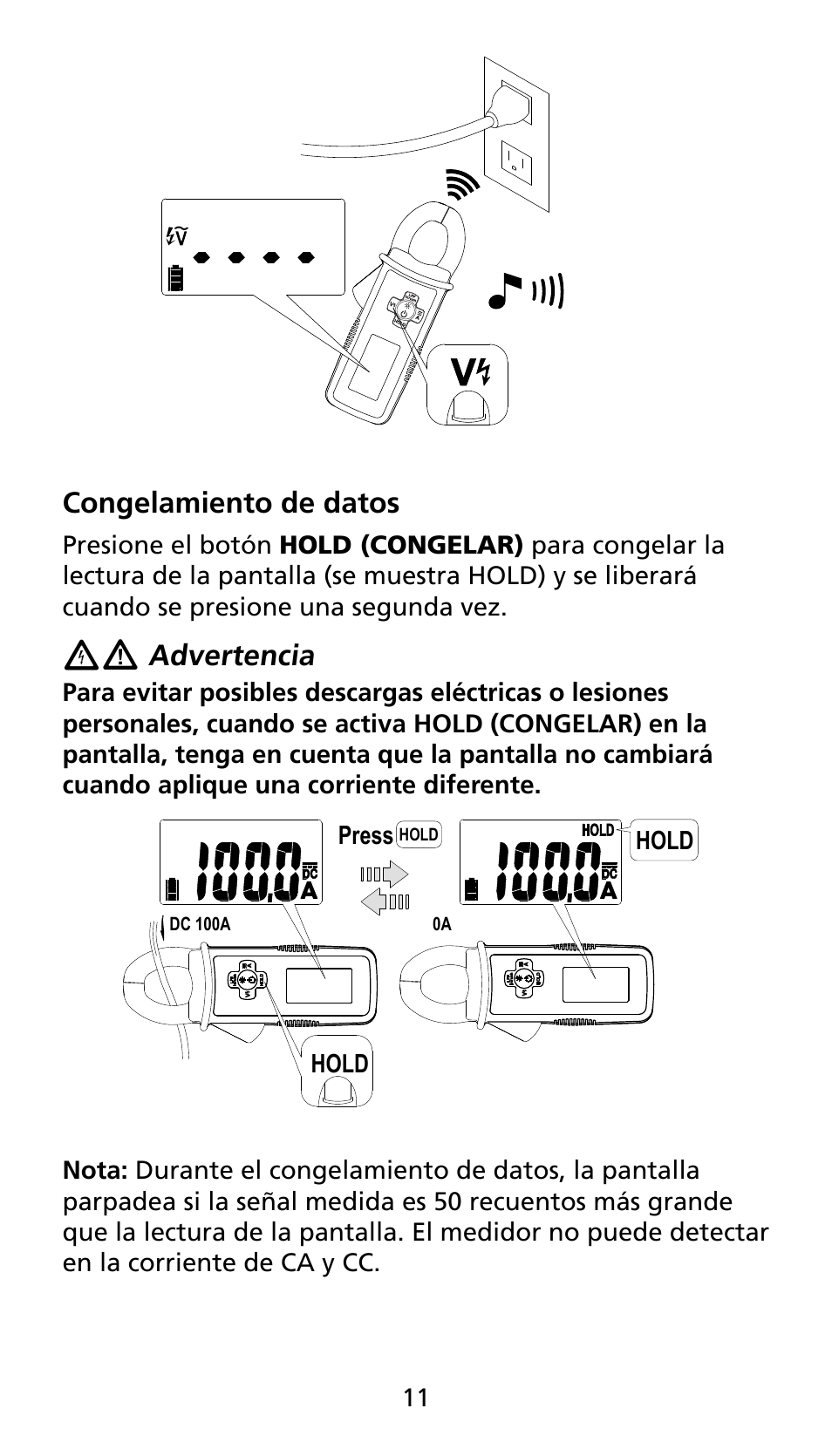 Congelamiento de datos, Advertencia | Amprobe AMP-25 User Manual | Page 35 / 62