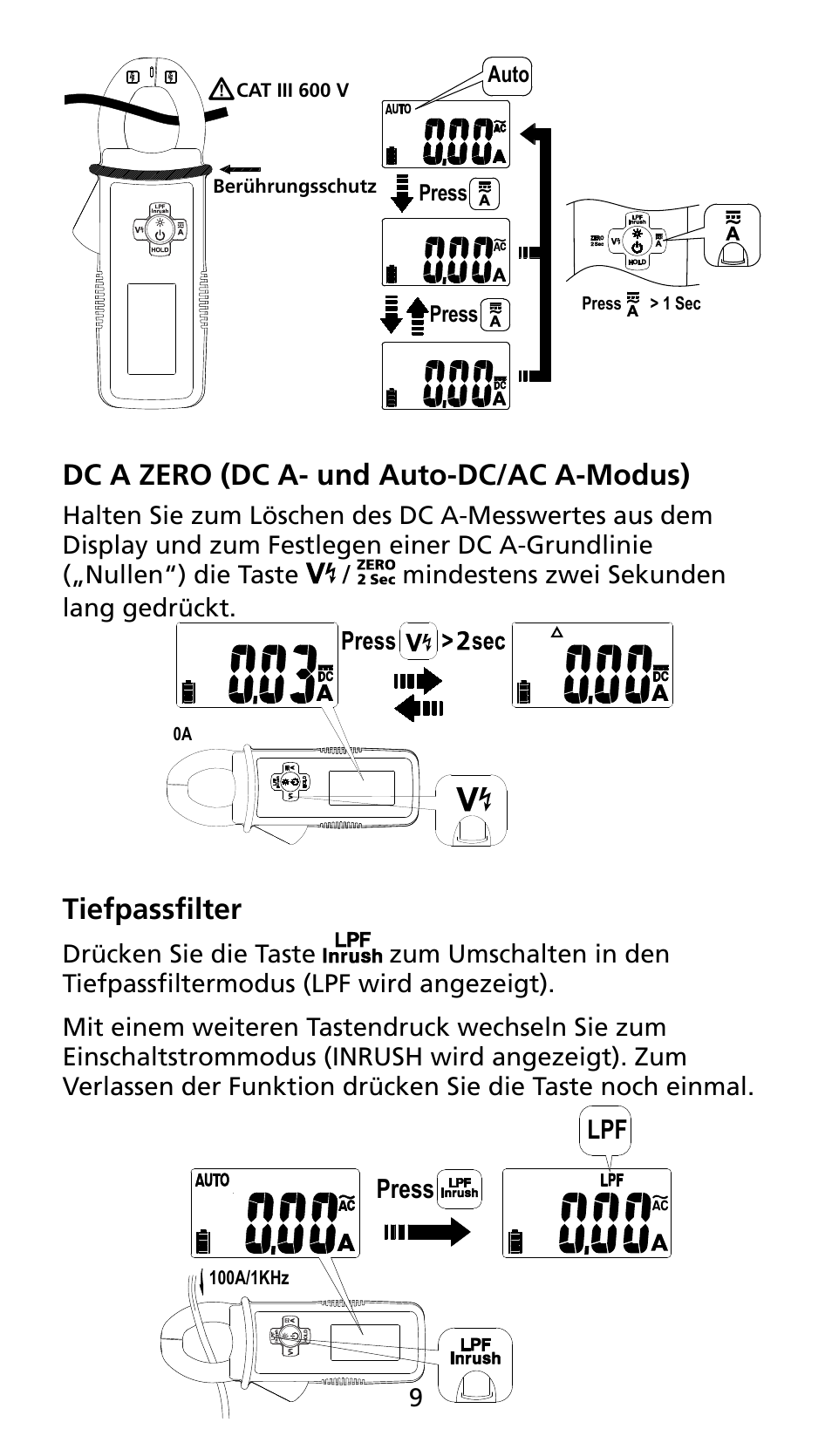 Dc a zero (dc a- und auto-dc/ac a-modus), Tiefpassfilter | Amprobe AMP-25 User Manual | Page 53 / 62