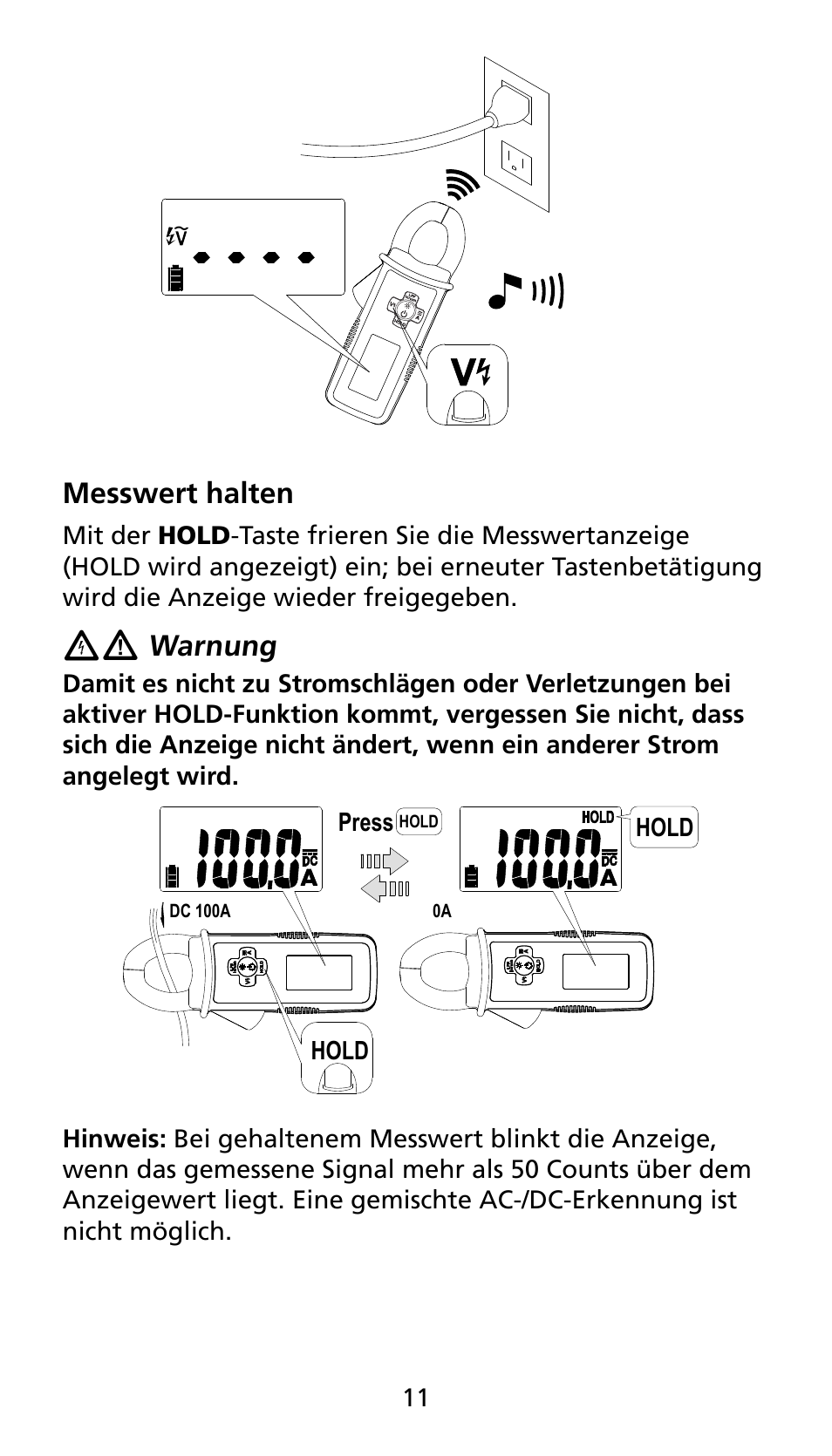 Messwert halten, Warnung | Amprobe AMP-25 User Manual | Page 55 / 62