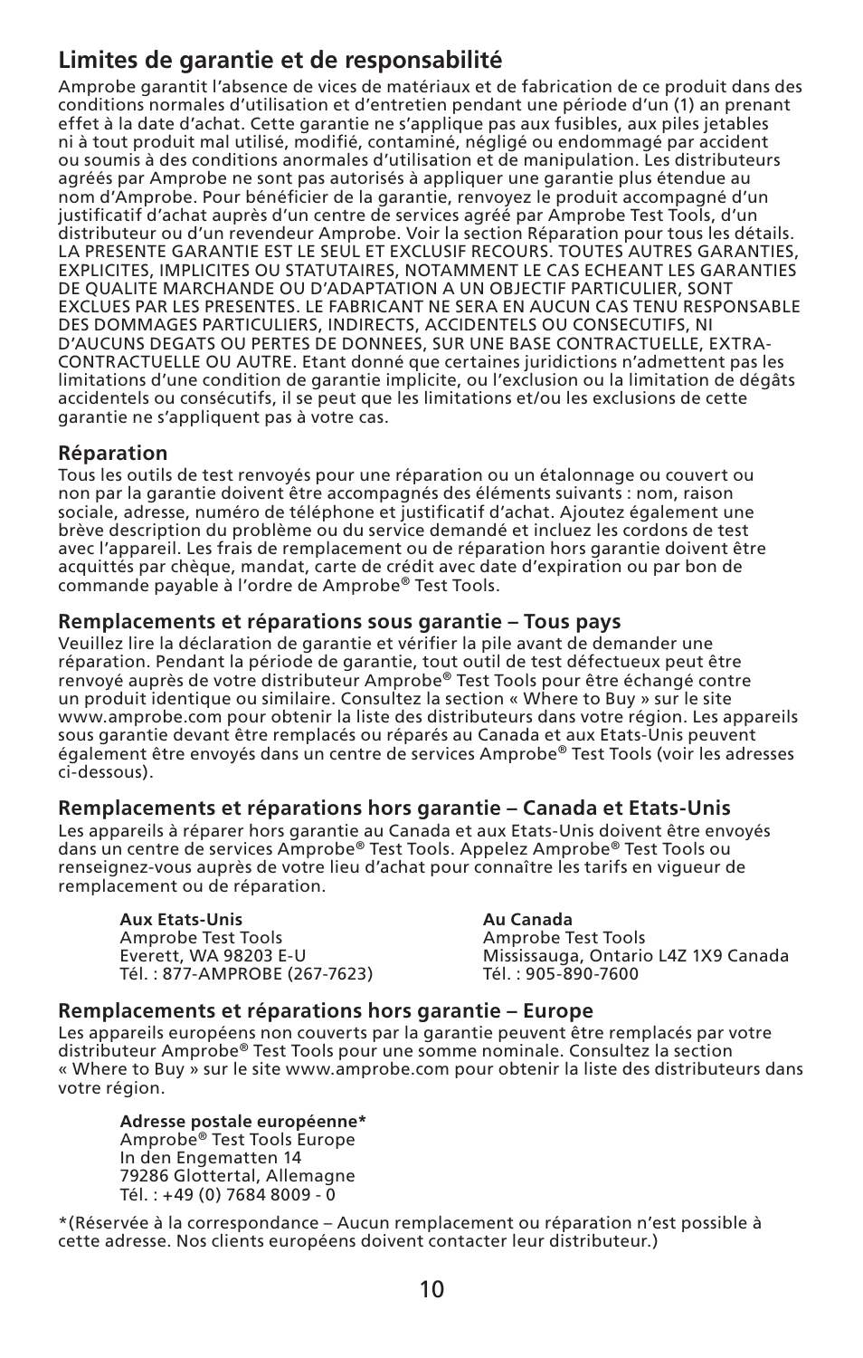 10 limites de garantie et de responsabilité | Amprobe LAN-1 Lan-Cable-Tester User Manual | Page 11 / 50