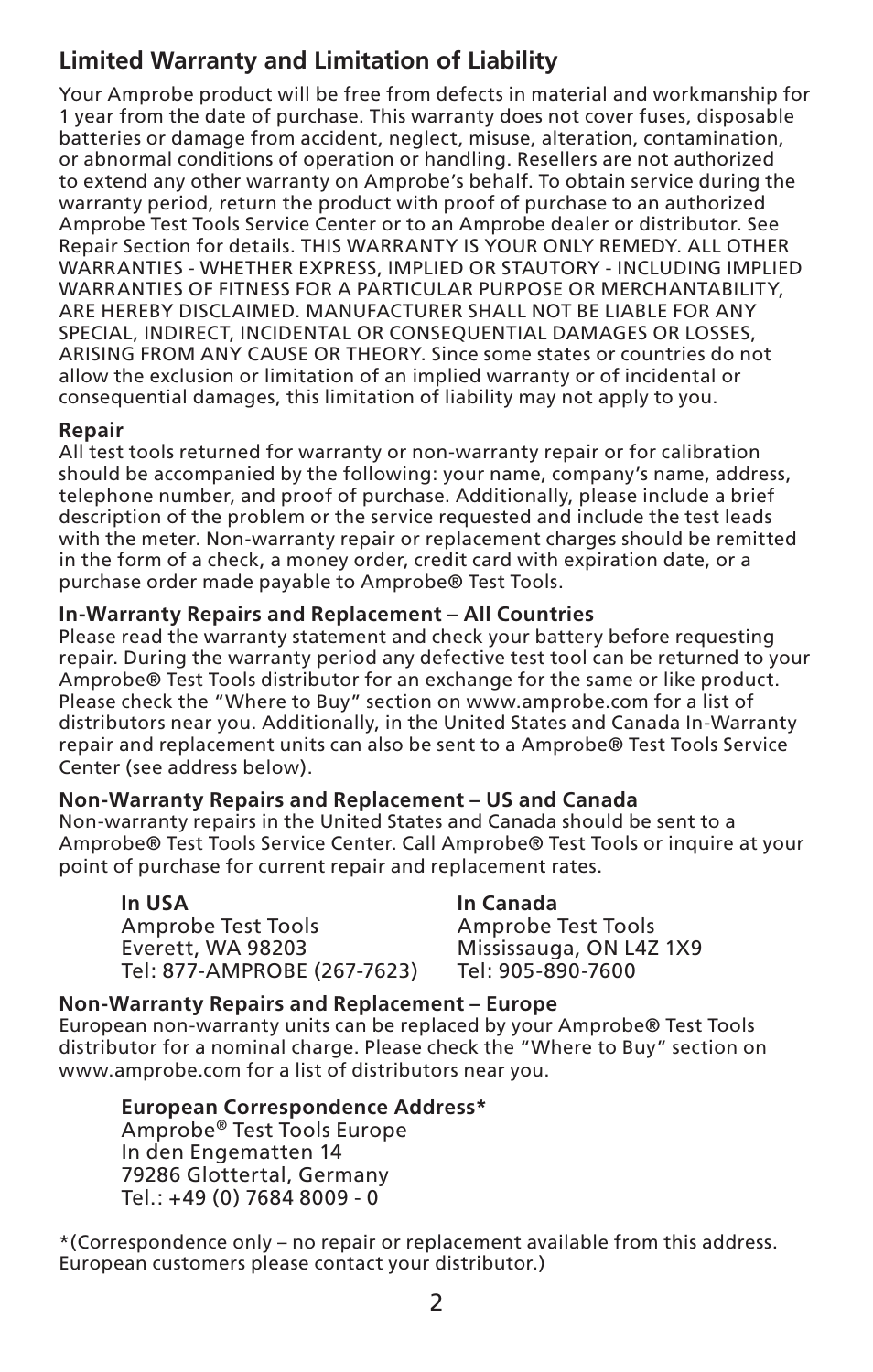 2limited warranty and limitation of liability | Amprobe LAN-1 Lan-Cable-Tester User Manual | Page 3 / 50