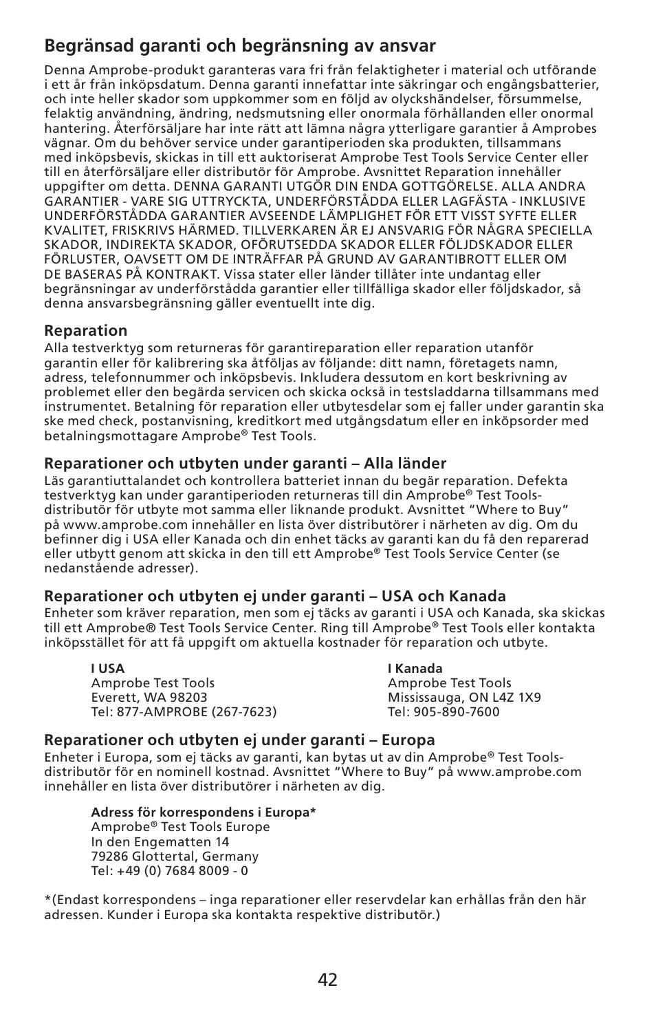 42 begränsad garanti och begränsning av ansvar | Amprobe LAN-1 Lan-Cable-Tester User Manual | Page 43 / 50