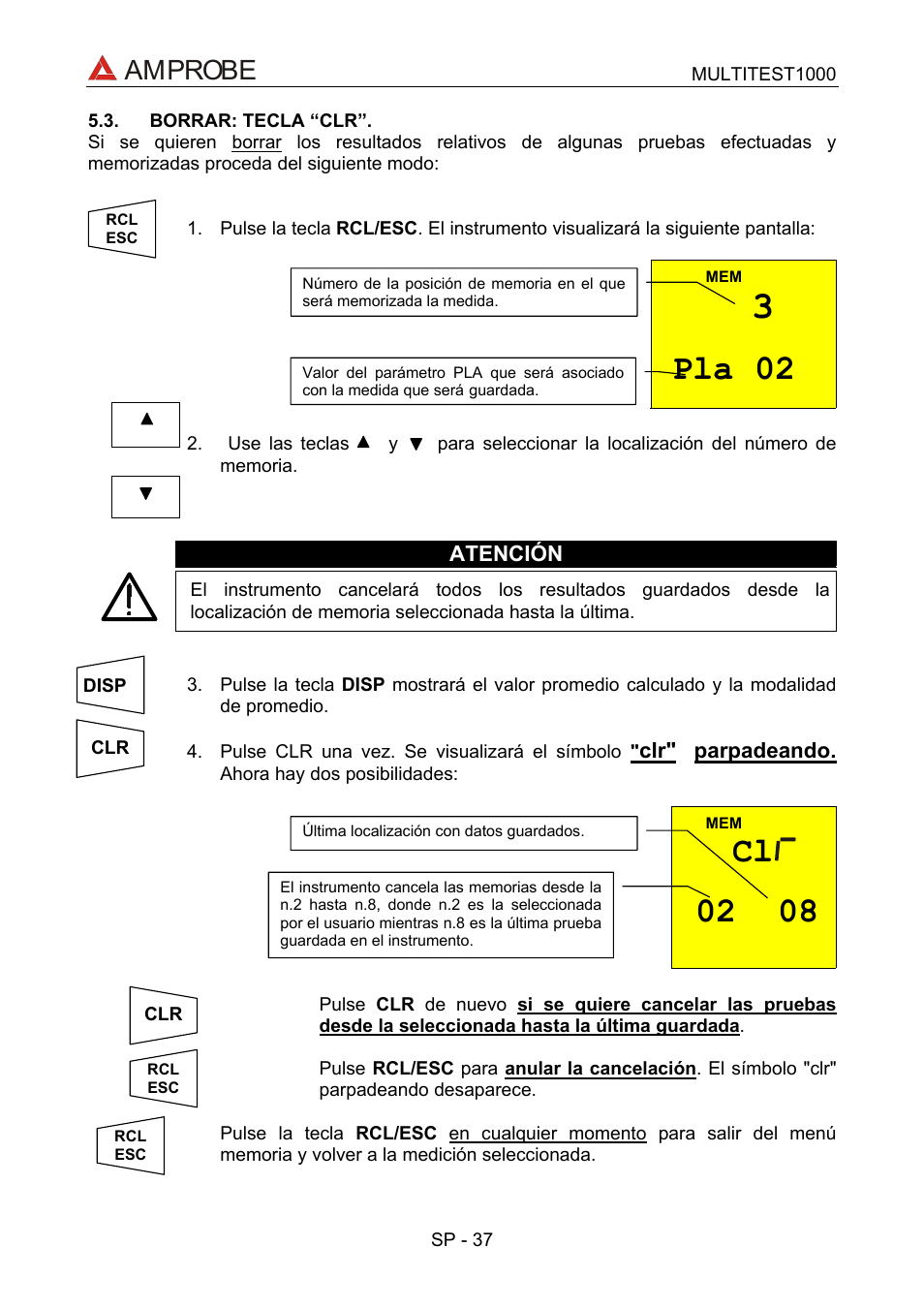 Borrar: tecla “clr, Pla 02, Cl 02 08 | Amprobe | Amprobe Multitest-1000 Continuity-Tester User Manual | Page 104 / 122