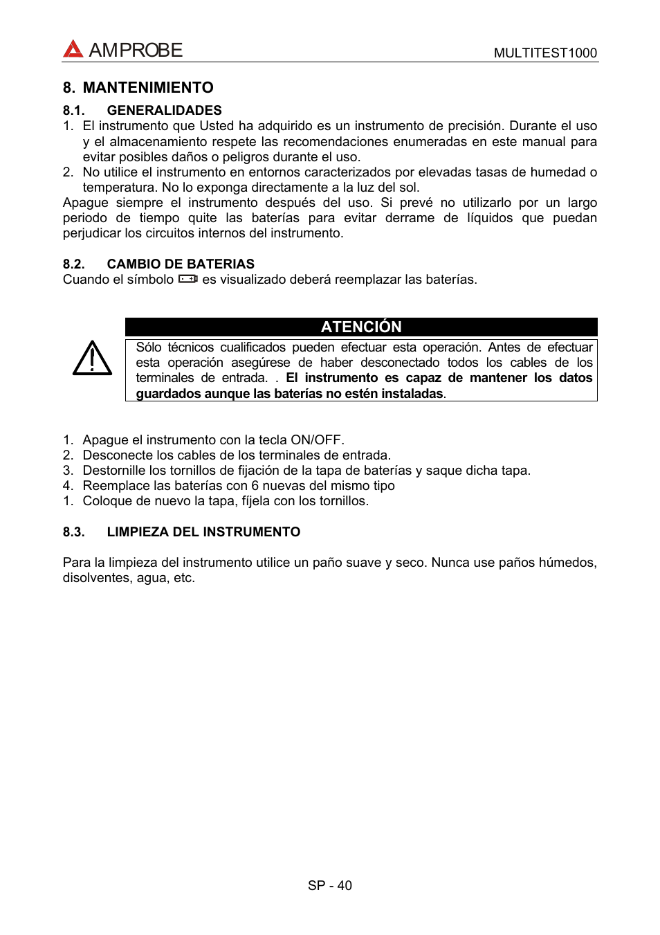 Mantenimiento, Generalidades, Cambio de baterias | Limpieza del instrumento, Amprobe | Amprobe Multitest-1000 Continuity-Tester User Manual | Page 107 / 122