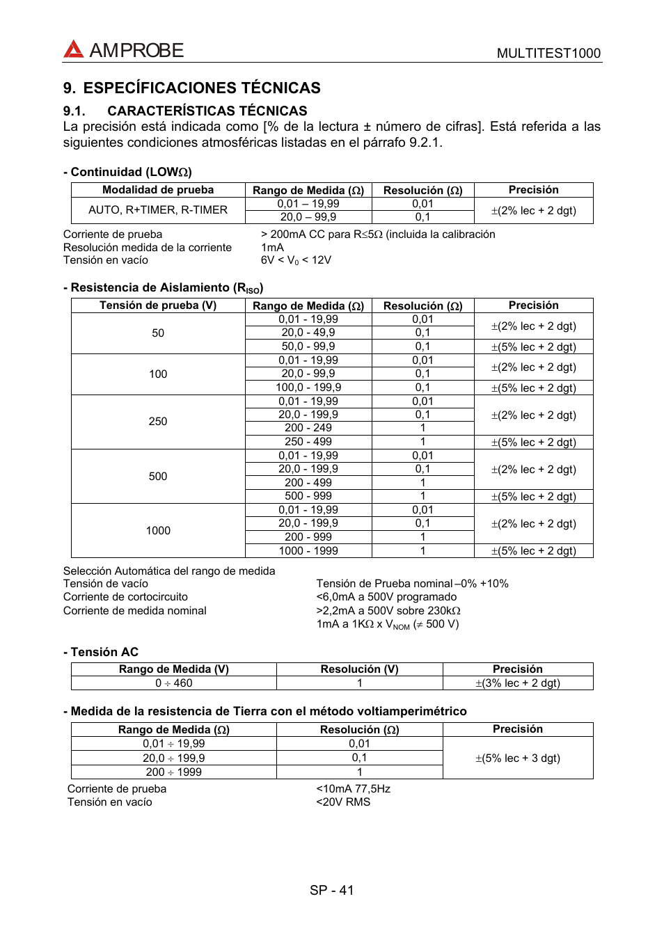 Específicaciones técnicas, Características técnicas, Continuidad (low() | Resistencia de aislamiento (riso), Tensión ac, Medida de la resistencia de tierra con el méto, Amprobe | Amprobe Multitest-1000 Continuity-Tester User Manual | Page 108 / 122