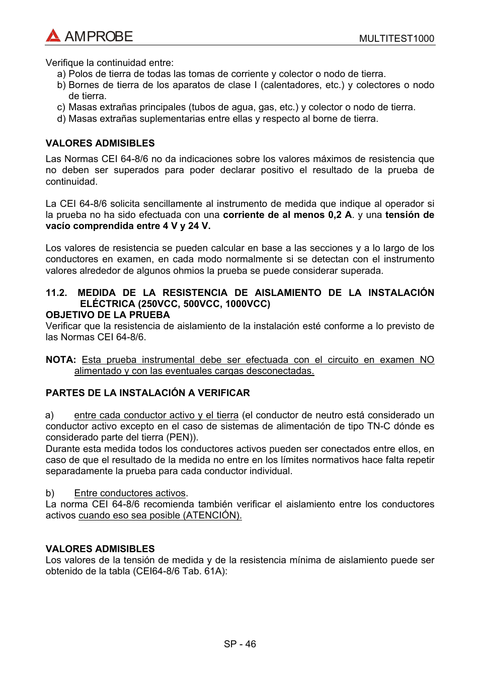 Medida de la resistencia de aislamiento de la ins, Amprobe | Amprobe Multitest-1000 Continuity-Tester User Manual | Page 113 / 122