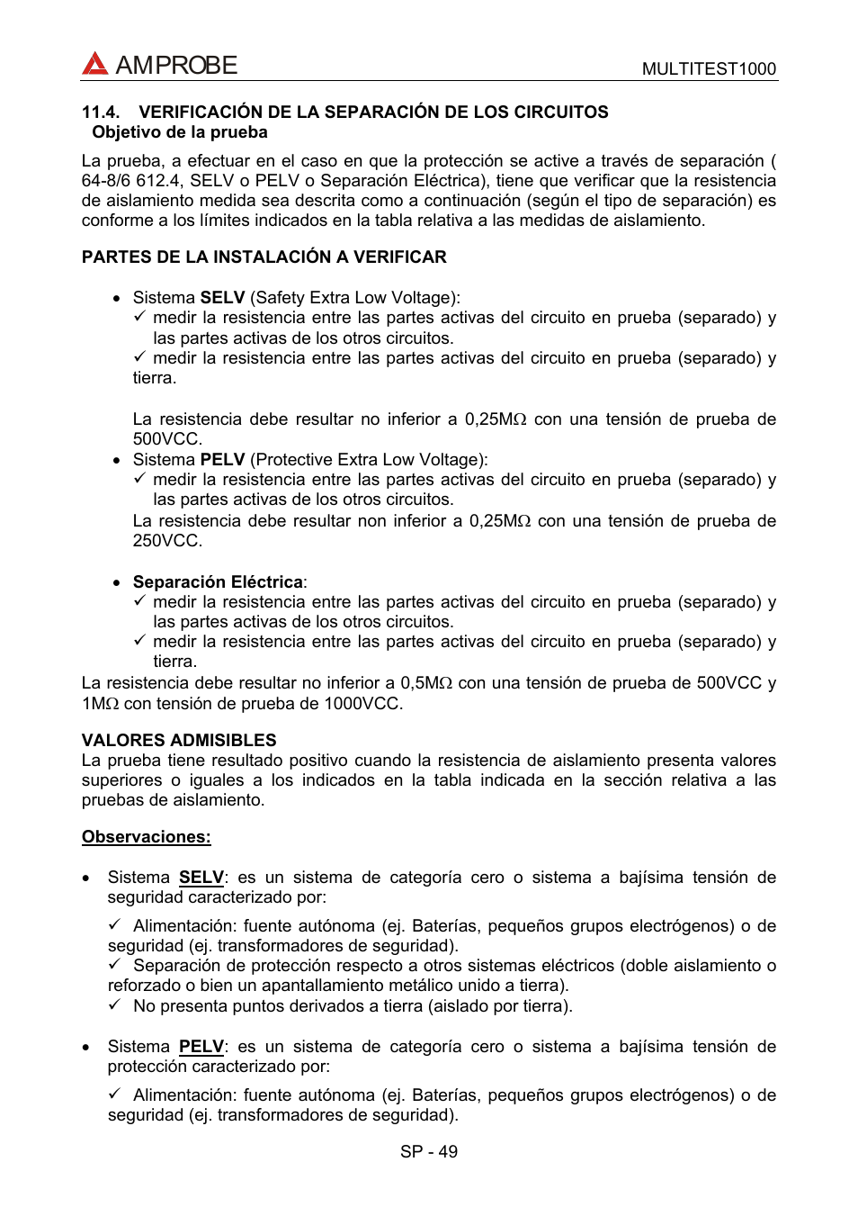 Verificación de la separación de los circuitos, Amprobe | Amprobe Multitest-1000 Continuity-Tester User Manual | Page 116 / 122