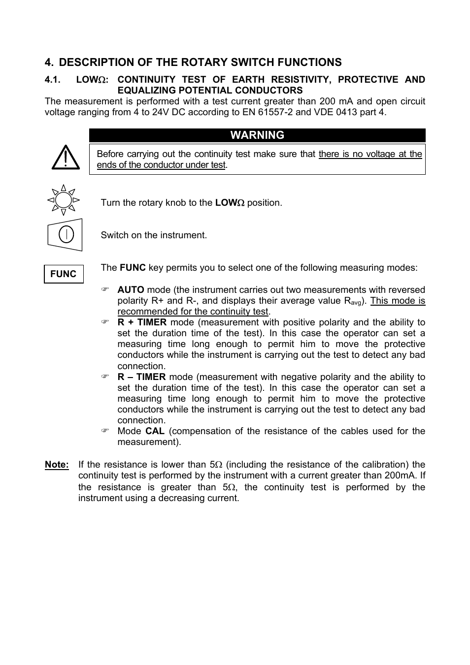 Description of the rotary switch functions, Potential conductors, Warning | Amprobe Multitest-1000 Continuity-Tester User Manual | Page 12 / 122