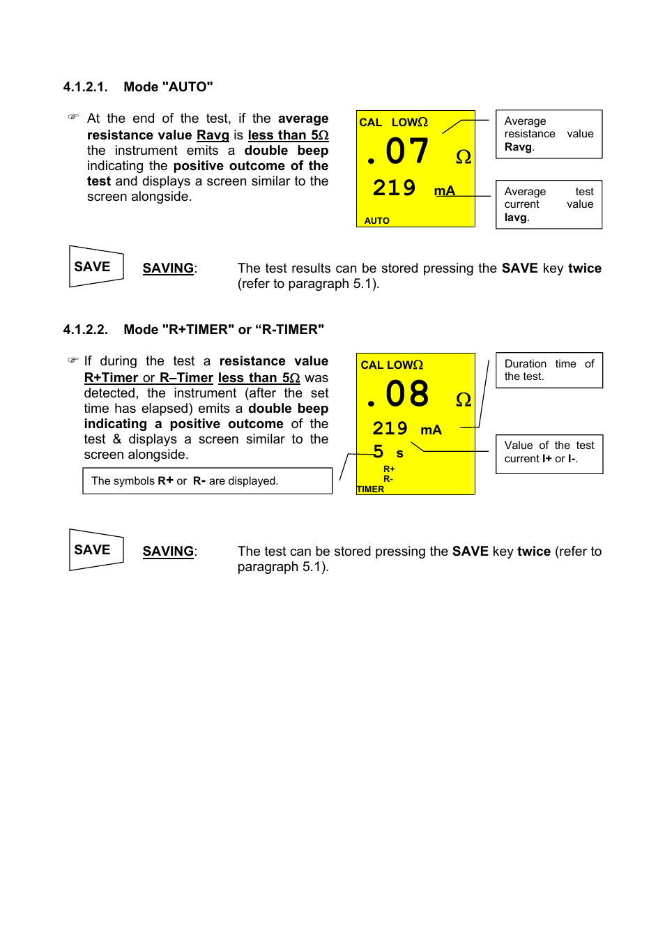 Mode "auto, Mode "r+timer" or “r-timer | Amprobe Multitest-1000 Continuity-Tester User Manual | Page 16 / 122