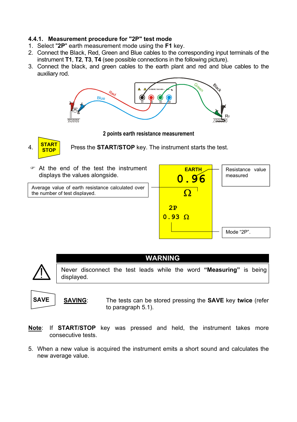 Measurement procedure for "2p" test mode, Easurement procedure for, Test mode | 2p 0.93 ω, Warning | Amprobe Multitest-1000 Continuity-Tester User Manual | Page 32 / 122