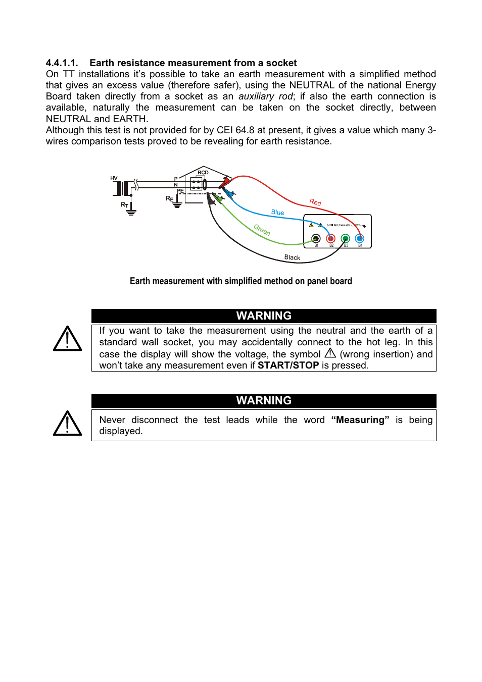 Earth resistance measurement from a socket, Warning | Amprobe Multitest-1000 Continuity-Tester User Manual | Page 35 / 122