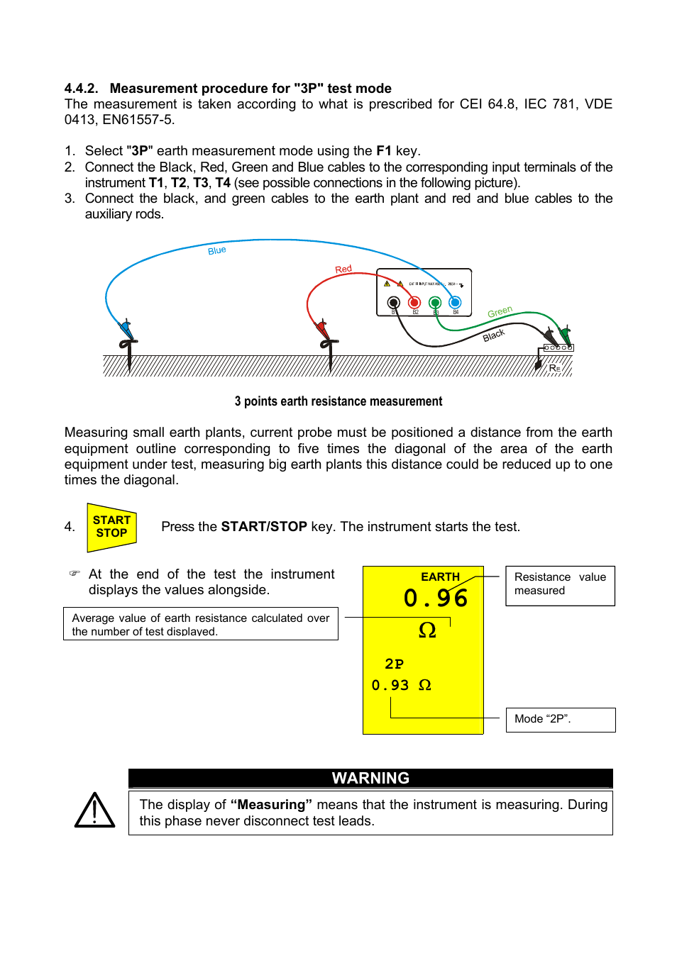 Measurement procedure for "3p" test mode, Easurement procedure for, Test mode | 2p 0.93 ω, Warning | Amprobe Multitest-1000 Continuity-Tester User Manual | Page 36 / 122