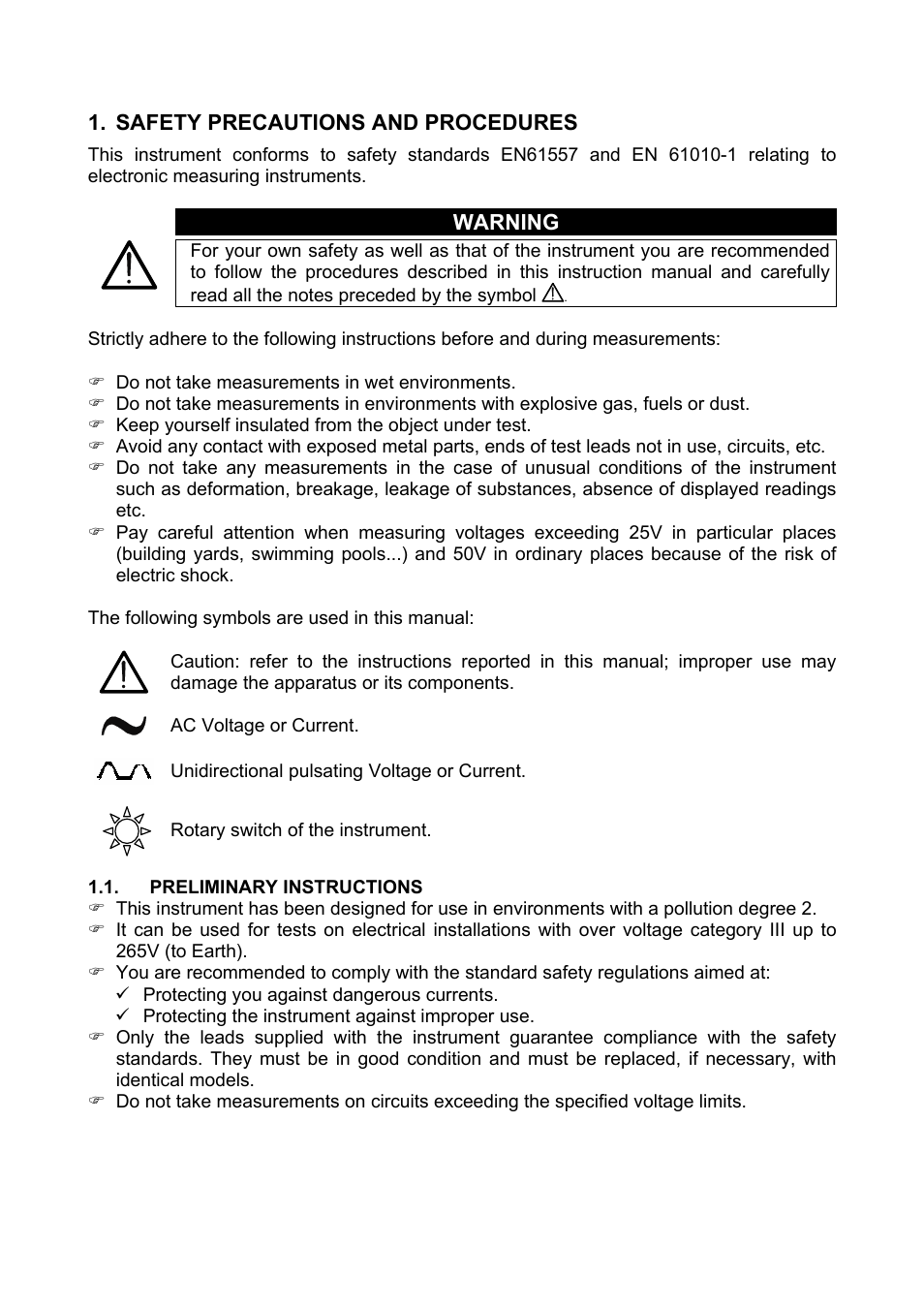 Safety precautions and procedures, Preliminary instructions, Warning | Amprobe Multitest-1000 Continuity-Tester User Manual | Page 4 / 122